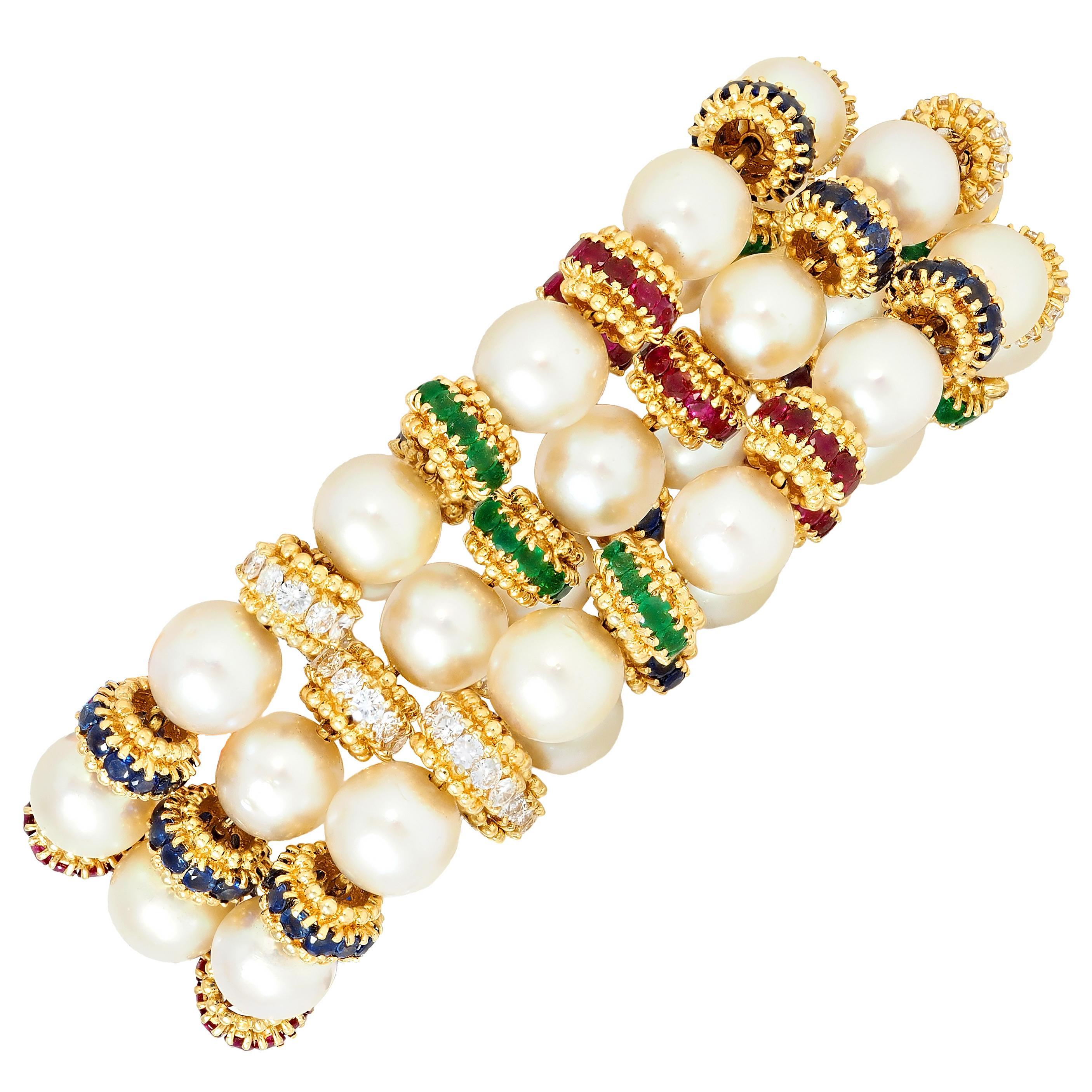 Van Cleef & Arpels 1980's Pearl Multi-Gem 18K Gold Convertible Bracelet Set For Sale 4