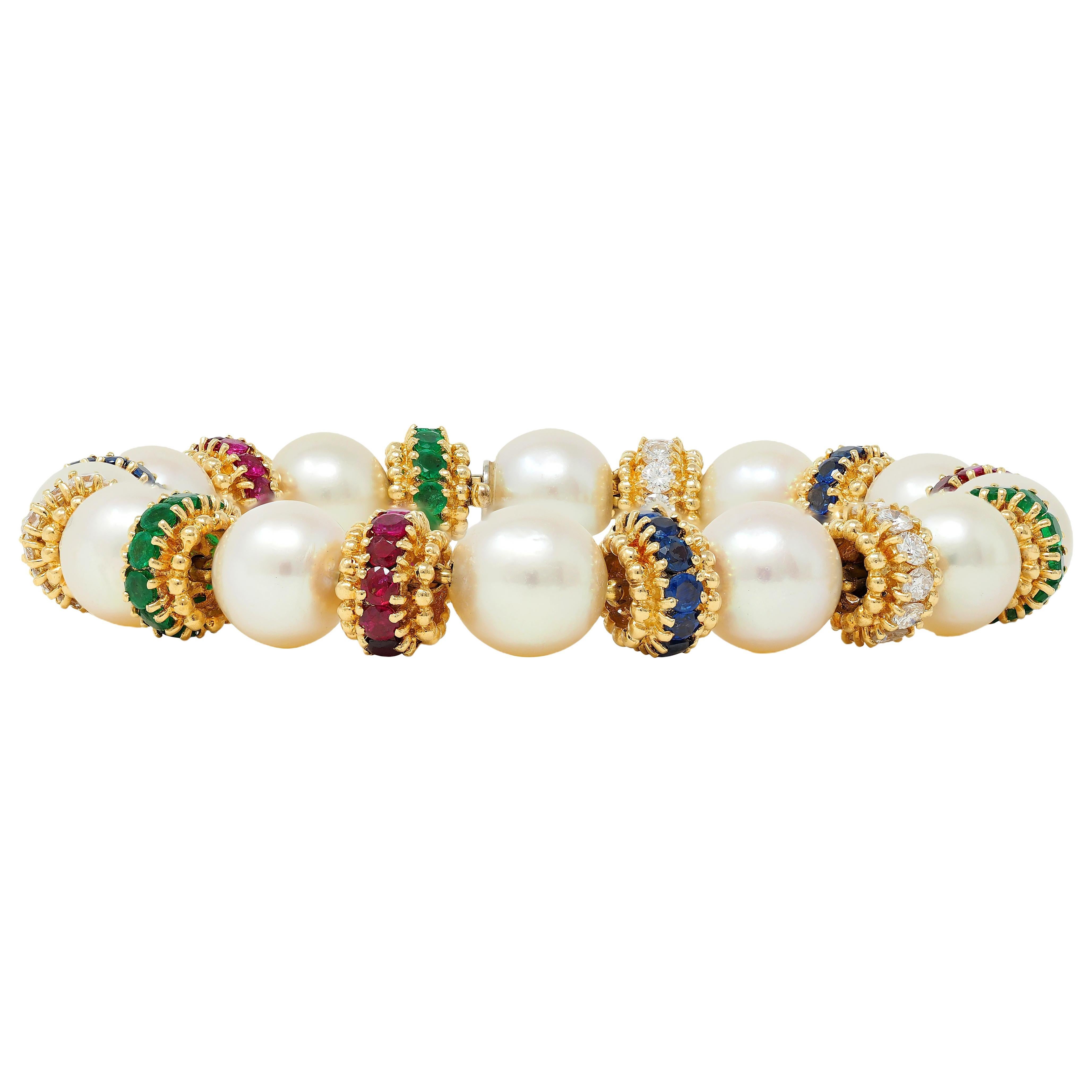 Van Cleef & Arpels 1980's Pearl Multi-Gem 18K Gold Convertible Bracelet Set For Sale 5