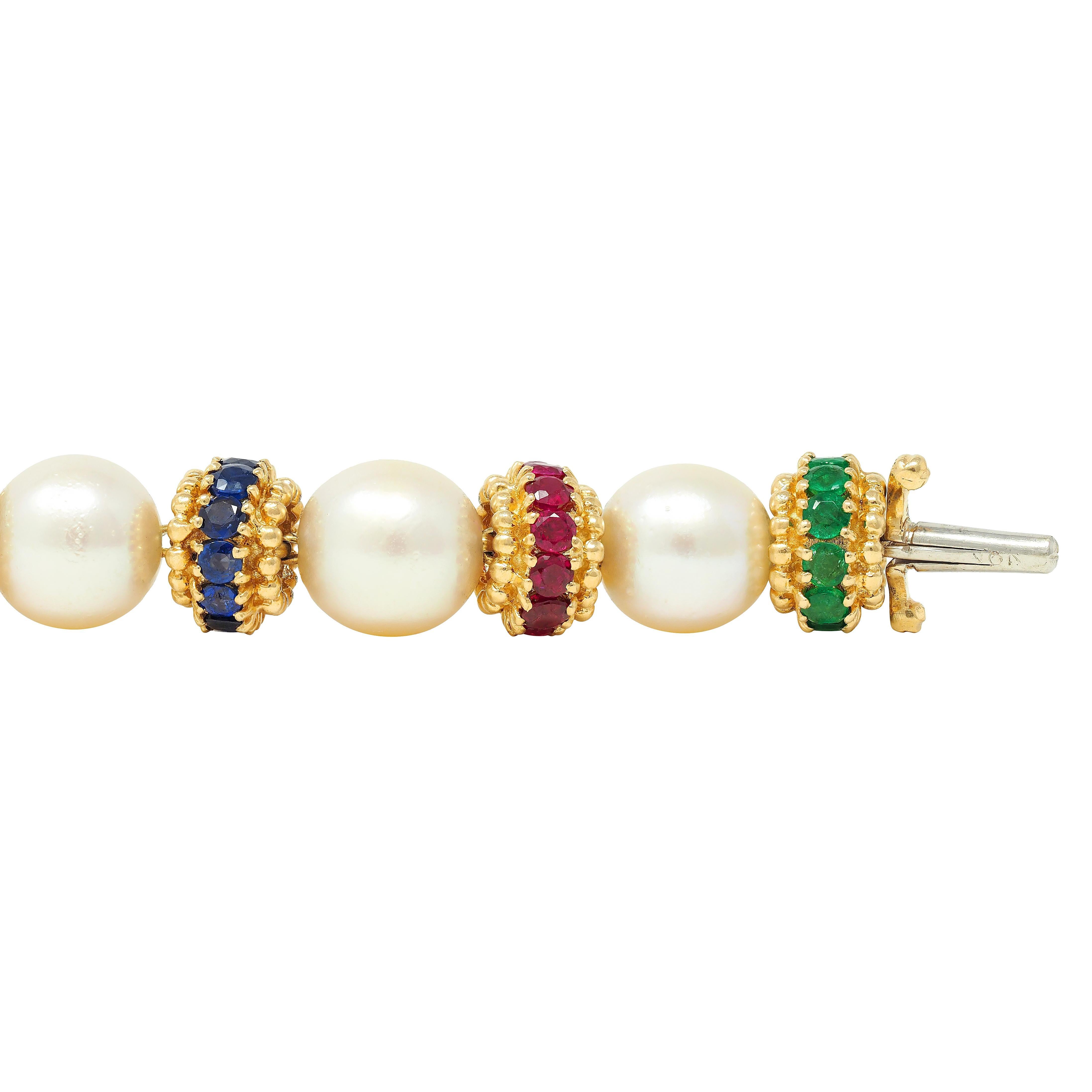 Van Cleef & Arpels 1980's Pearl Multi-Gem 18K Gold Convertible Bracelet Set For Sale 7