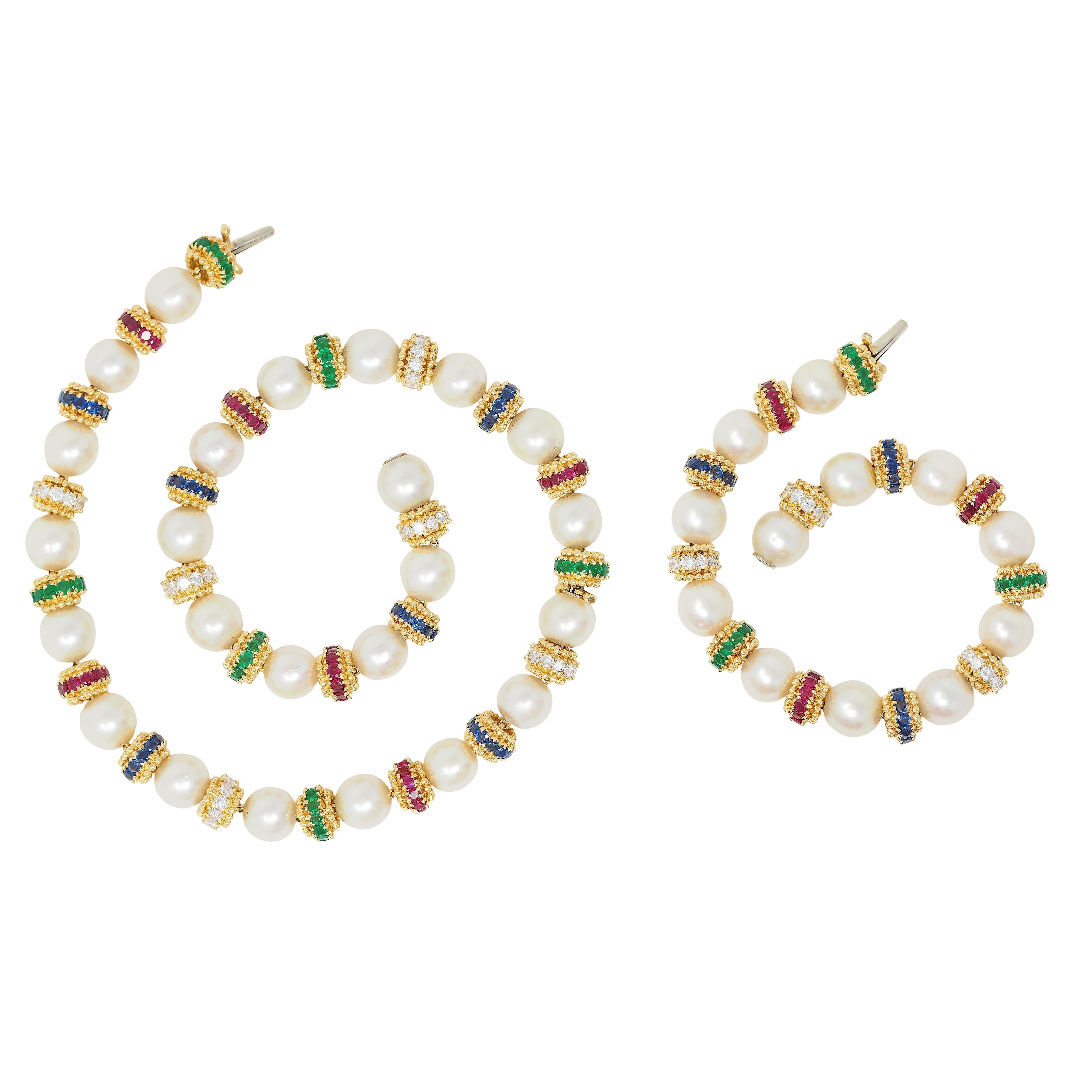 Van Cleef & Arpels 1980's Pearl Multi-Gem 18K Gold Convertible Bracelet Set For Sale 8