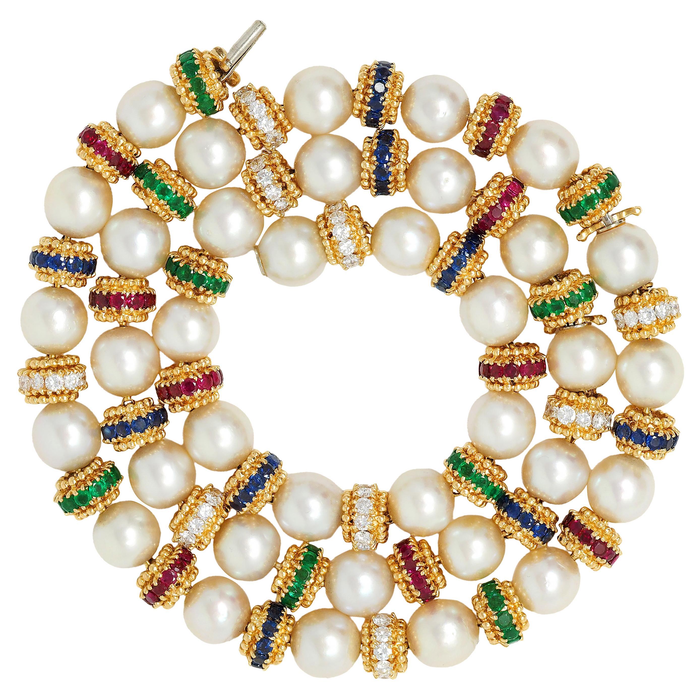 Van Cleef & Arpels 1980's Pearl Multi-Gem 18K Gold Convertible Bracelet Set For Sale 9