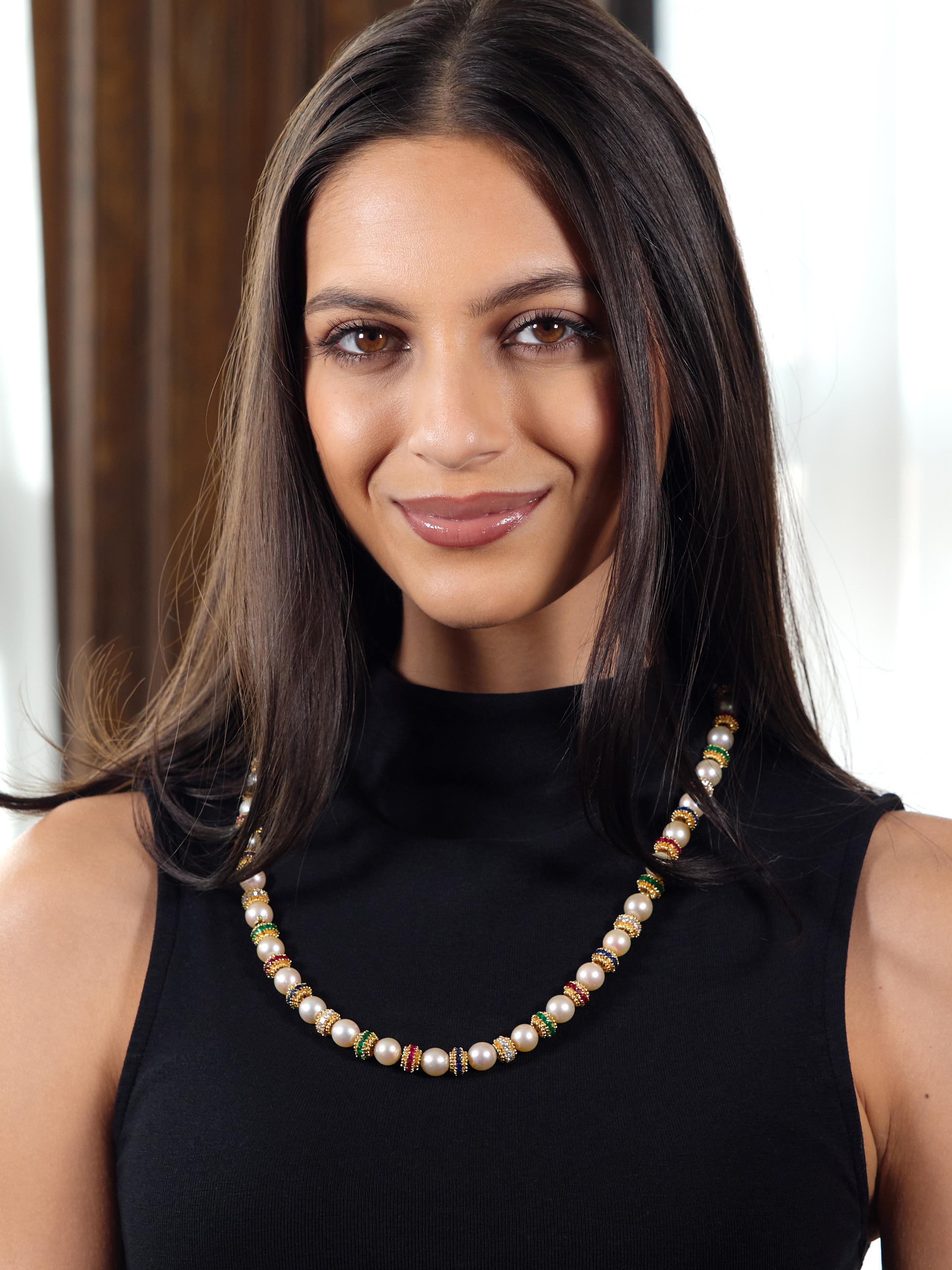 Designed as a set of three individual beaded bracelets that can be connected and converted into a necklace
Featuring 9.5 to 10.0 mm round Akoya pearl beads - cream body color with strong iridescence
Alternating with rondelle beads prong set with