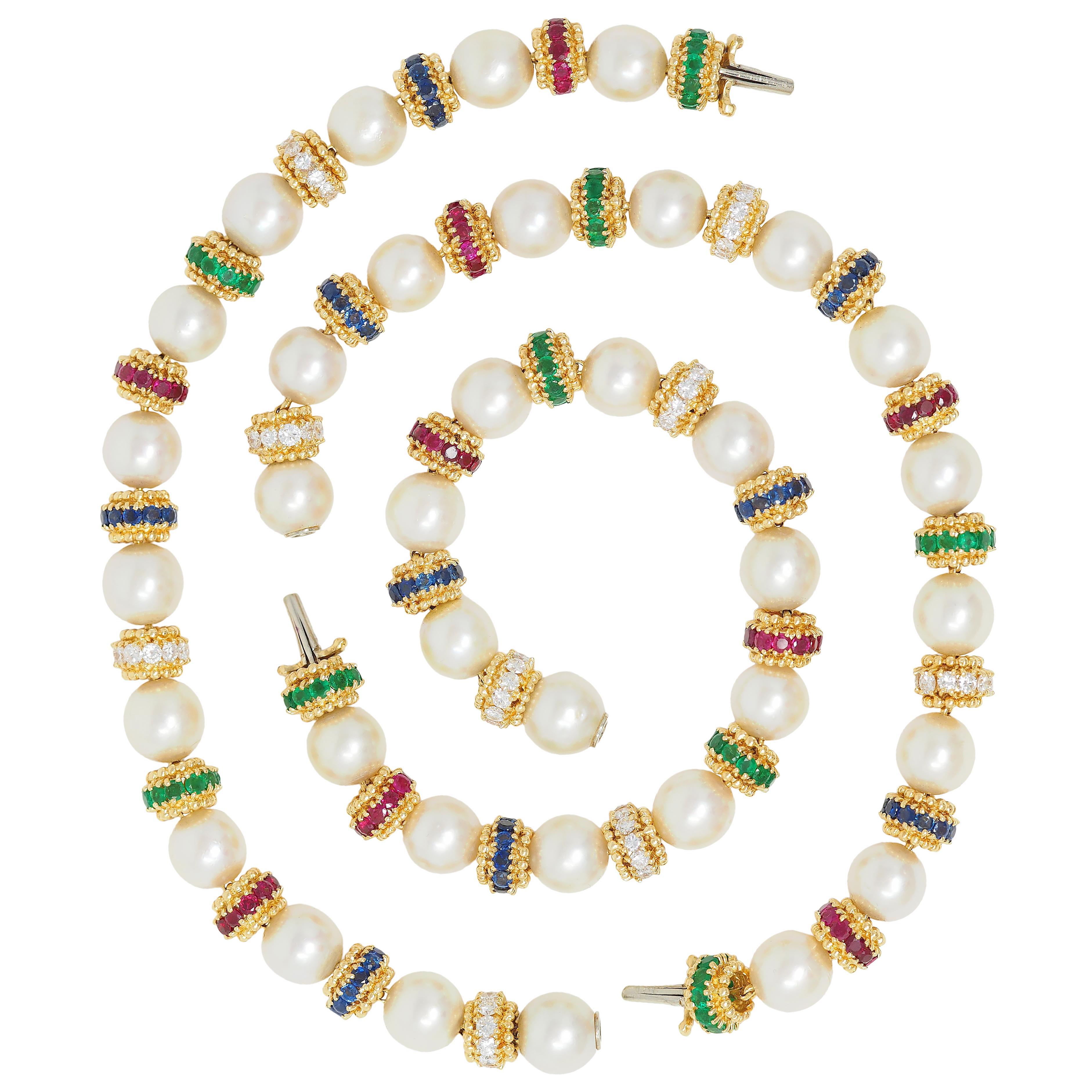 Round Cut Van Cleef & Arpels 1980's Pearl Multi-Gem 18K Gold Convertible Bracelet Set For Sale