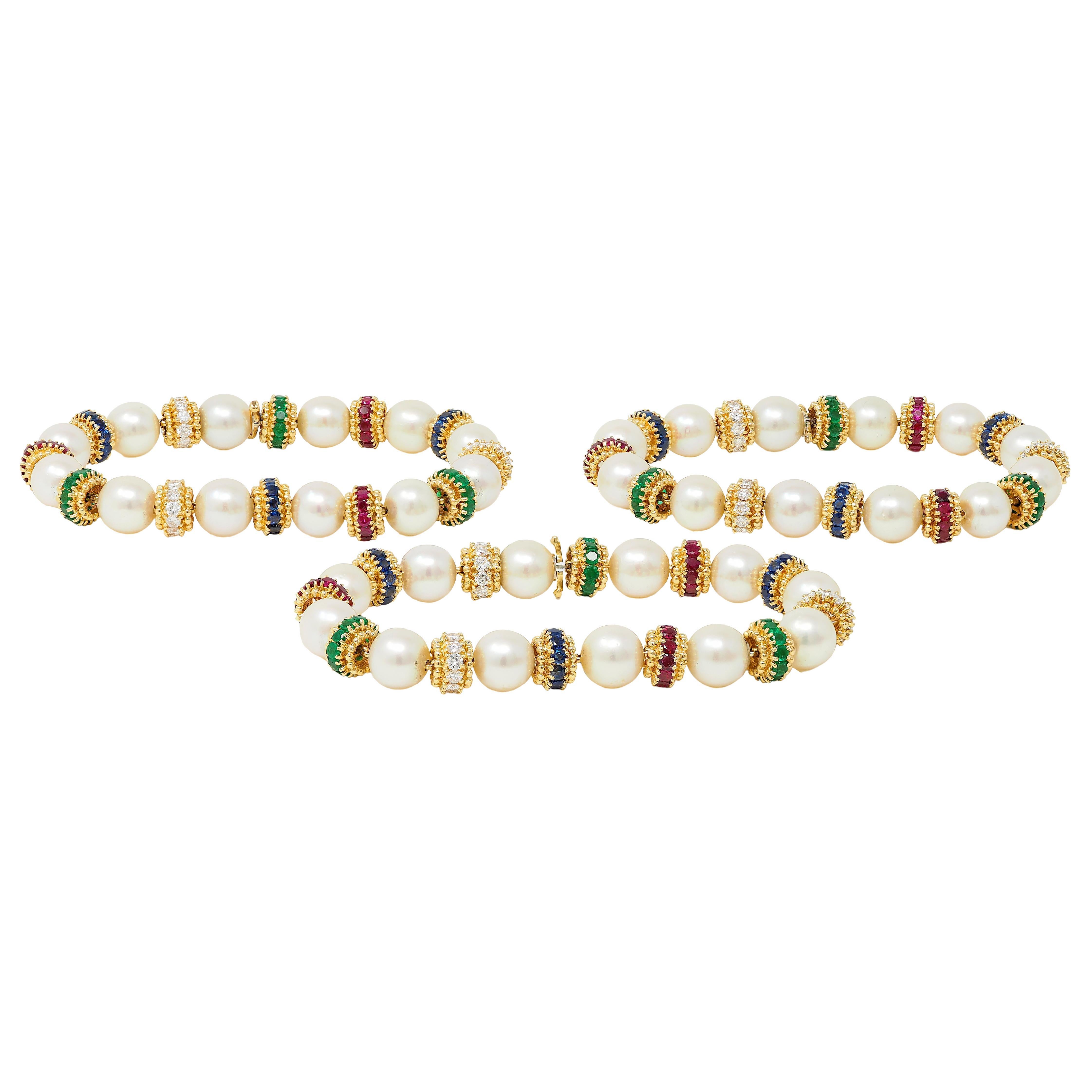 Van Cleef & Arpels 1980's Pearl Multi-Gem 18K Gold Convertible Bracelet Set In Excellent Condition For Sale In Philadelphia, PA