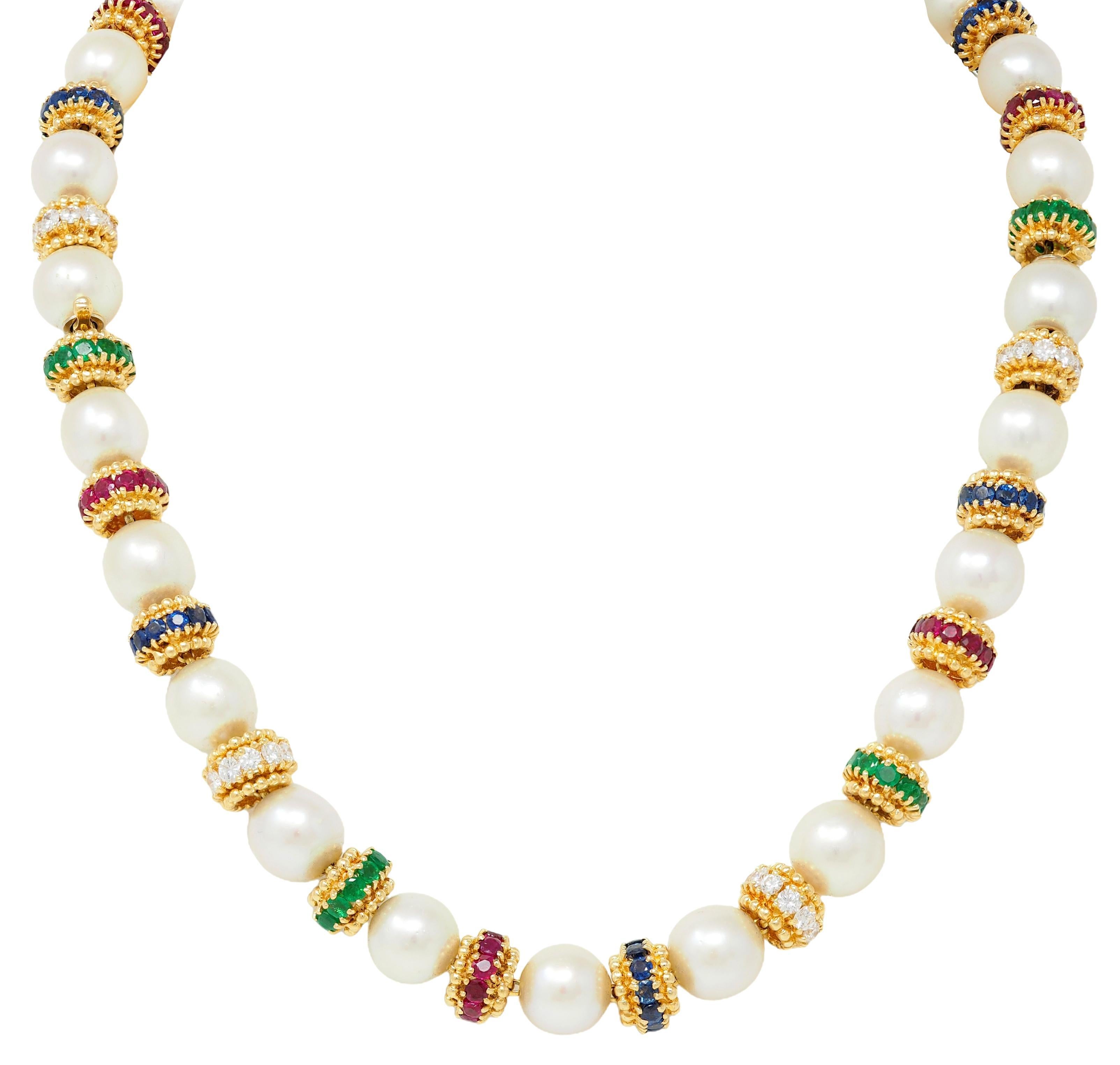 Women's Van Cleef & Arpels 1980's Pearl Multi-Gem 18K Gold Convertible Bracelet Set For Sale