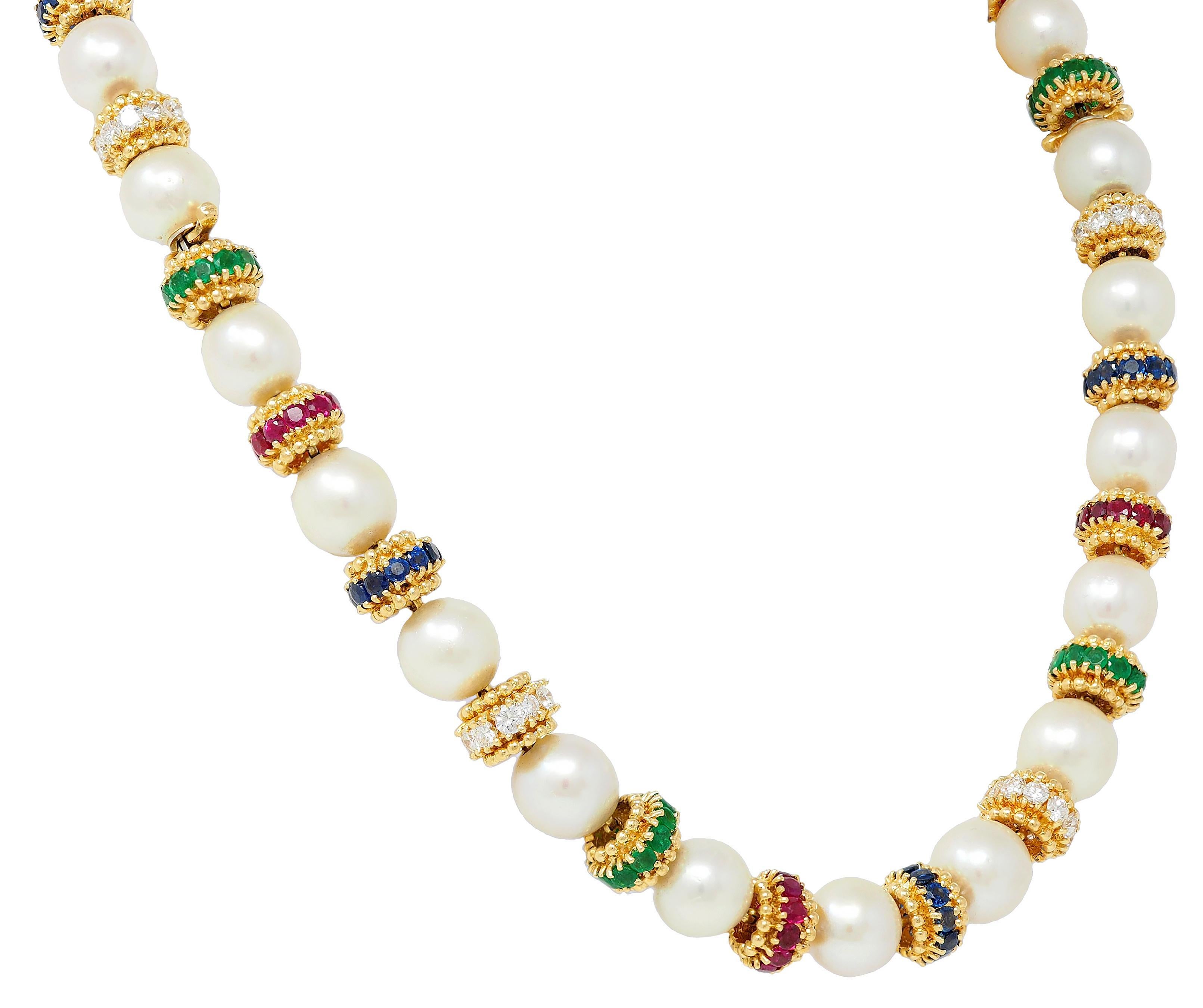Van Cleef & Arpels 1980's Pearl Multi-Gem 18K Gold Convertible Bracelet Set For Sale 1