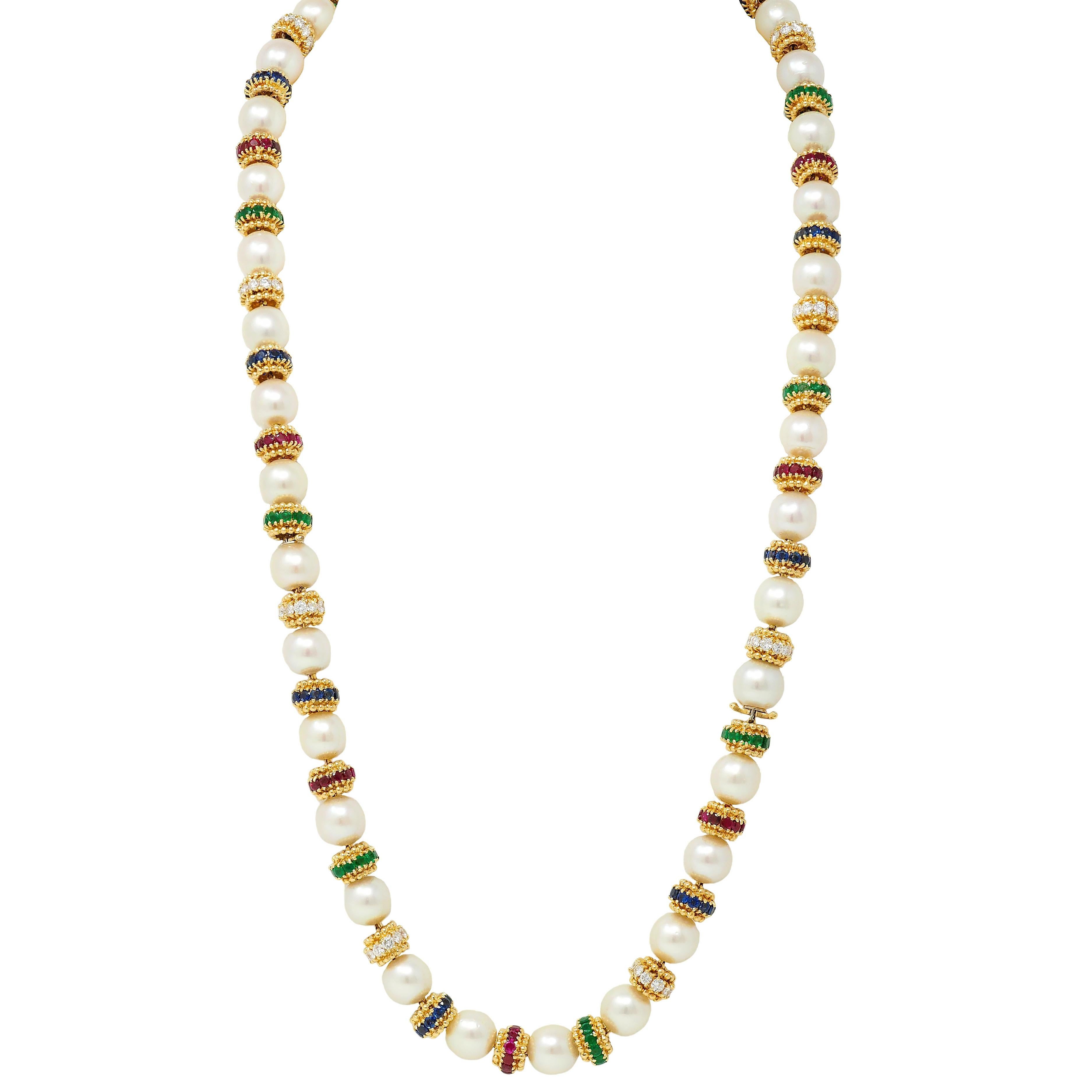 Van Cleef & Arpels 1980's Pearl Multi-Gem 18K Gold Convertible Bracelet Set For Sale 2