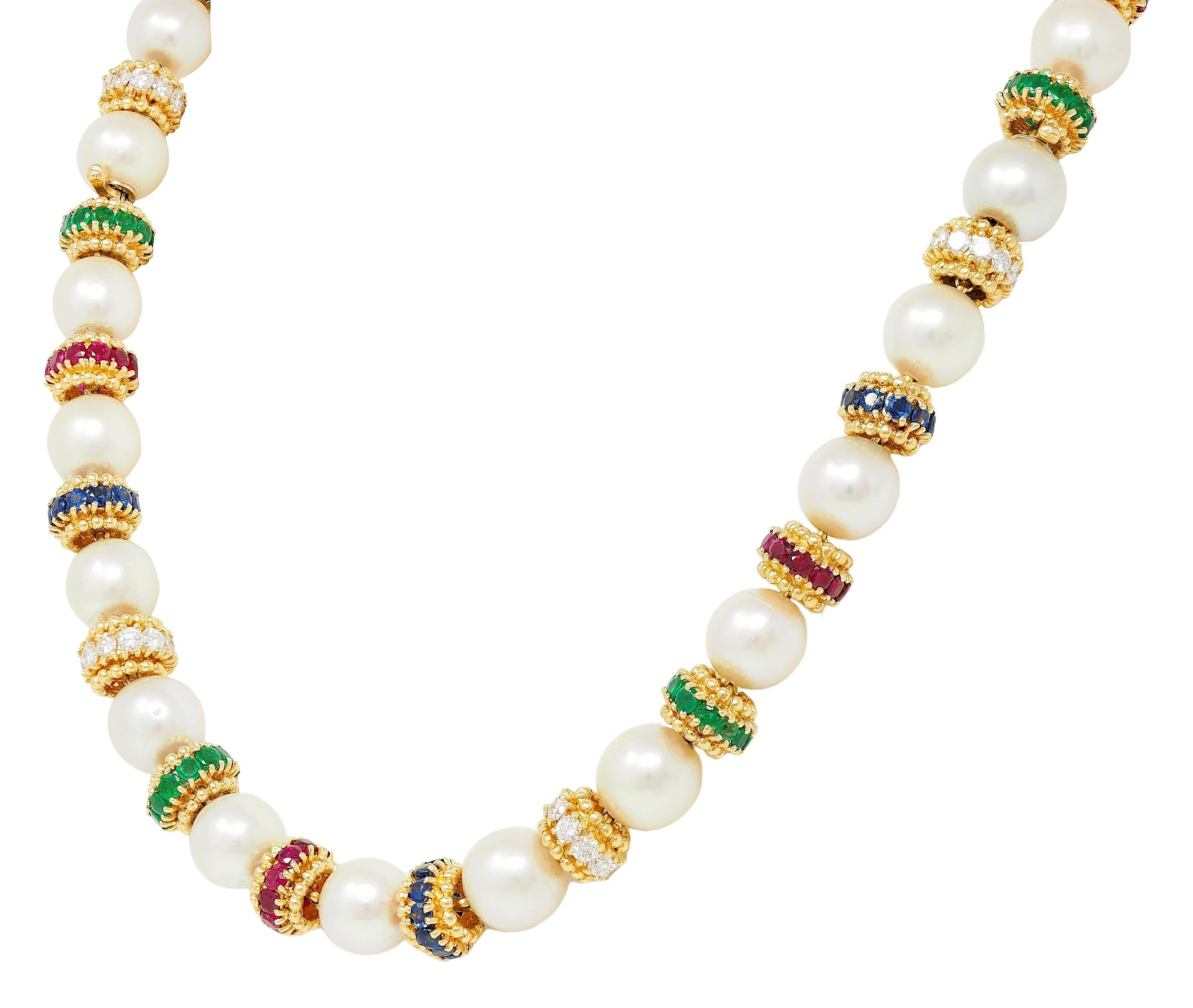 Van Cleef & Arpels 1980's Pearl Multi-Gem 18K Gold Convertible Bracelet Set For Sale 3