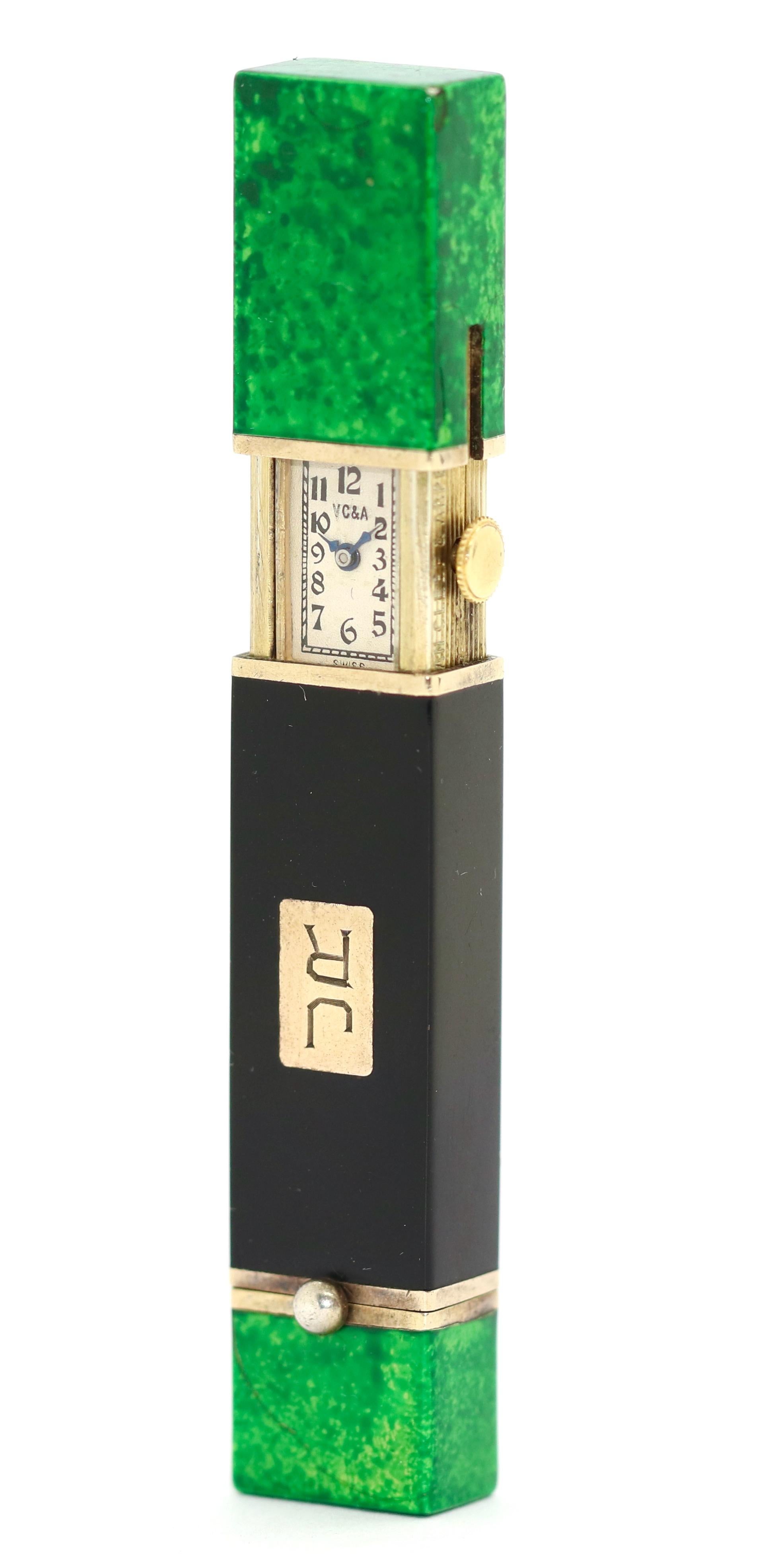 Art Deco Van Cleef & Arpels 2 in 1 Lipstick Holder and Pocket Watch, Malachite and Onyx For Sale