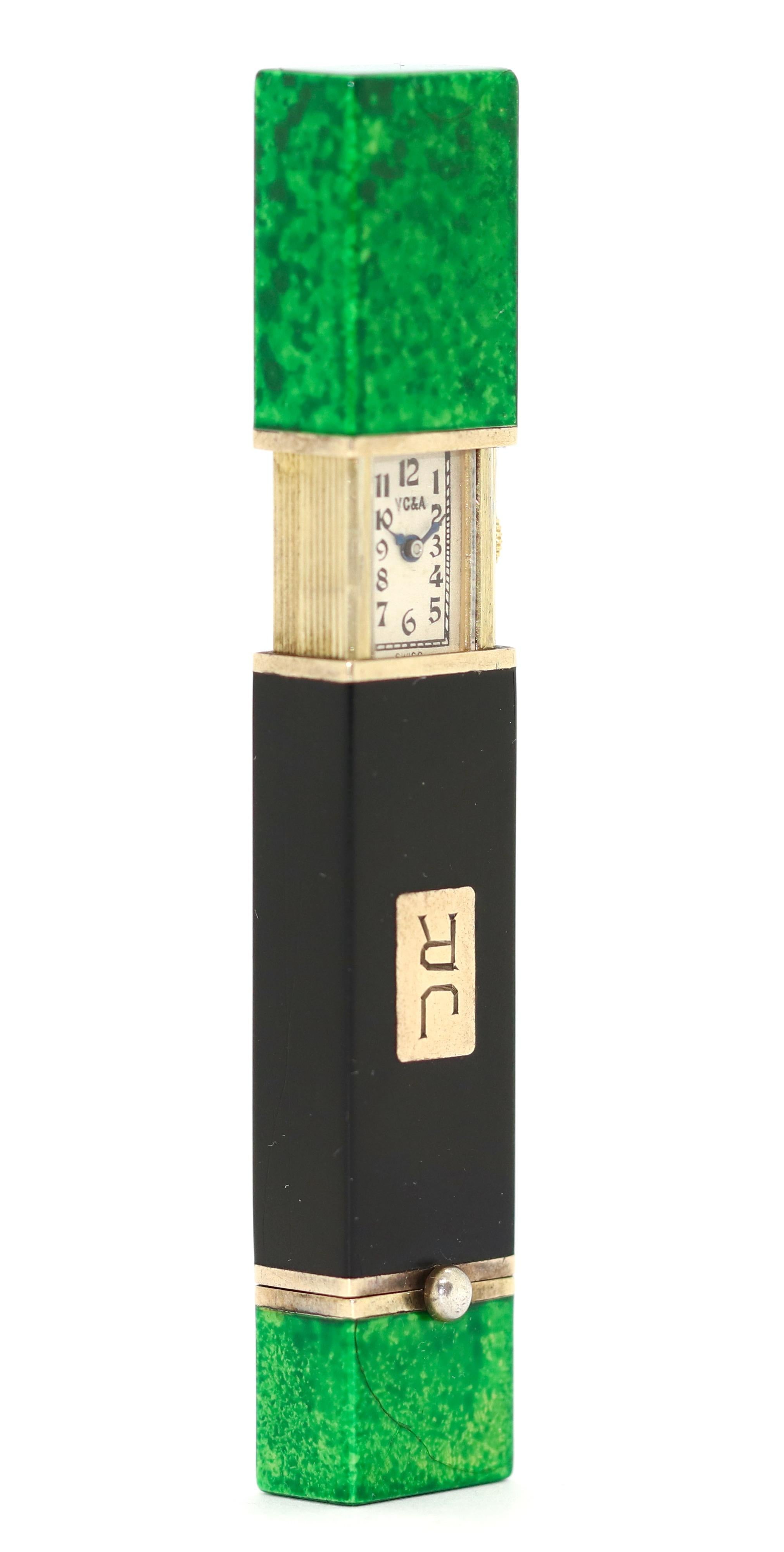 Uncut Van Cleef & Arpels 2 in 1 Lipstick Holder and Pocket Watch, Malachite and Onyx For Sale