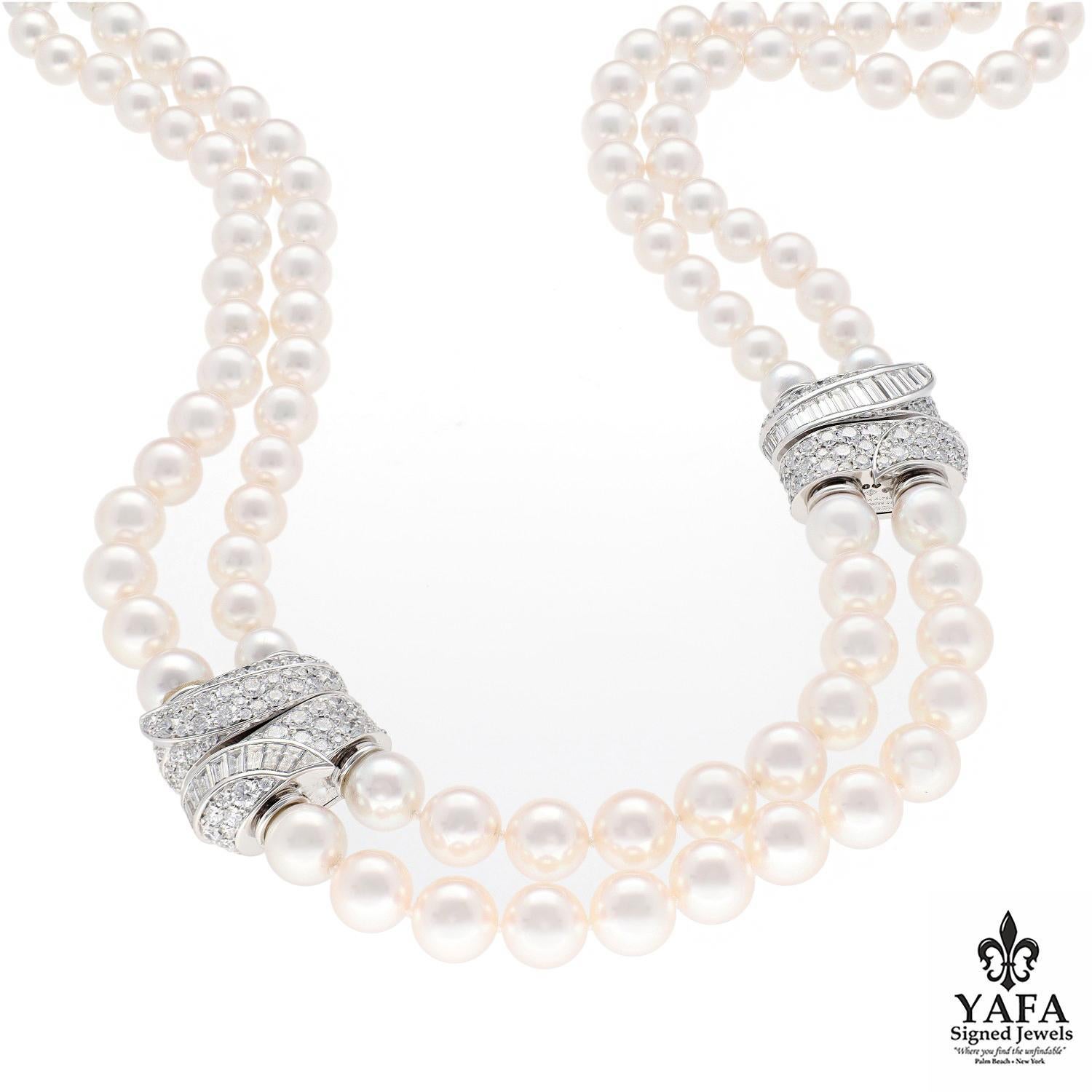 Van Cleef & Arpels 2-Row Pearl and Diamond Necklace with 1- Diamond Barrel Clasp and 2- Extra Diamond Barrel Clasps.
In 1956, American Actress Grace Kelly Married Prince Rainier III, Thus Becoming Princess of Monaco. To Celebrate Their Union, the
