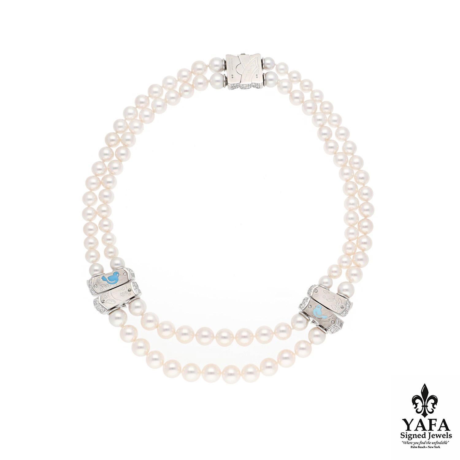 Van Cleef & Arpels 2 - Row Pearl Necklace with 3 - Diamond Barrel Clasps In Excellent Condition For Sale In New York, NY