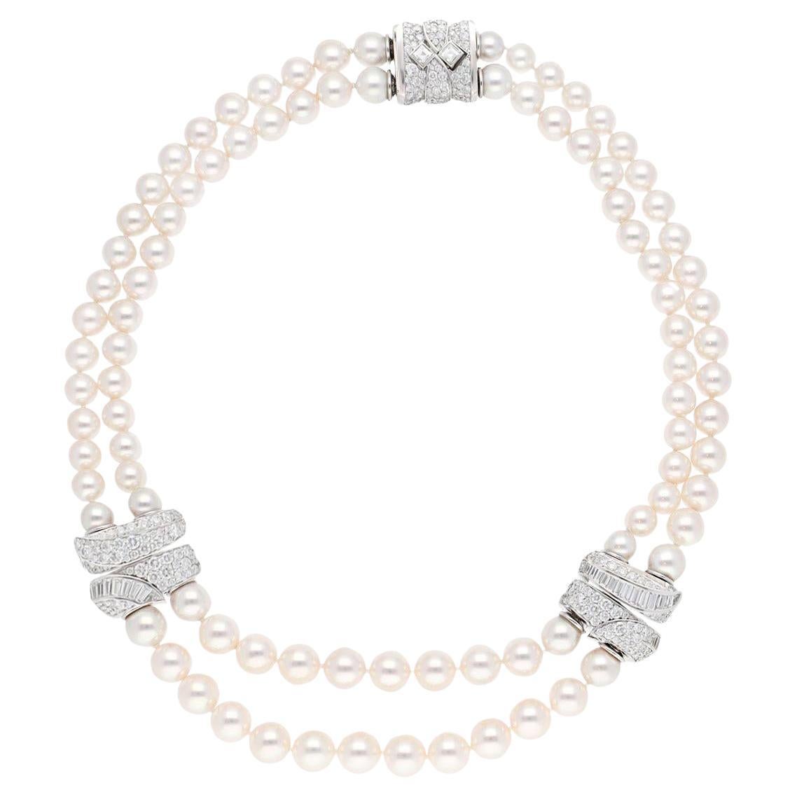 Van Cleef & Arpels 2 - Row Pearl Necklace with 3 - Diamond Barrel Clasps For Sale