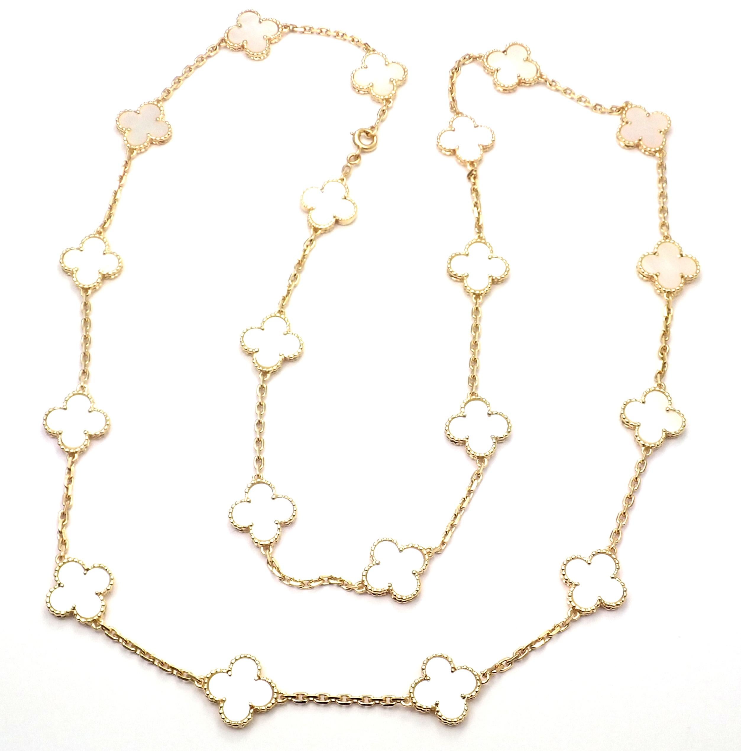 18k Yellow Gold Alhambra 20 Motifs Mother Of Pearl Necklace by Van Cleef & Arpels. 
With 20 motifs of mother of pearl Alhambra stones 15mm each.
This necklace comes with service paper from Van Cleef & Arpels store.
Details: 
Length: 32.5'' 
Width: