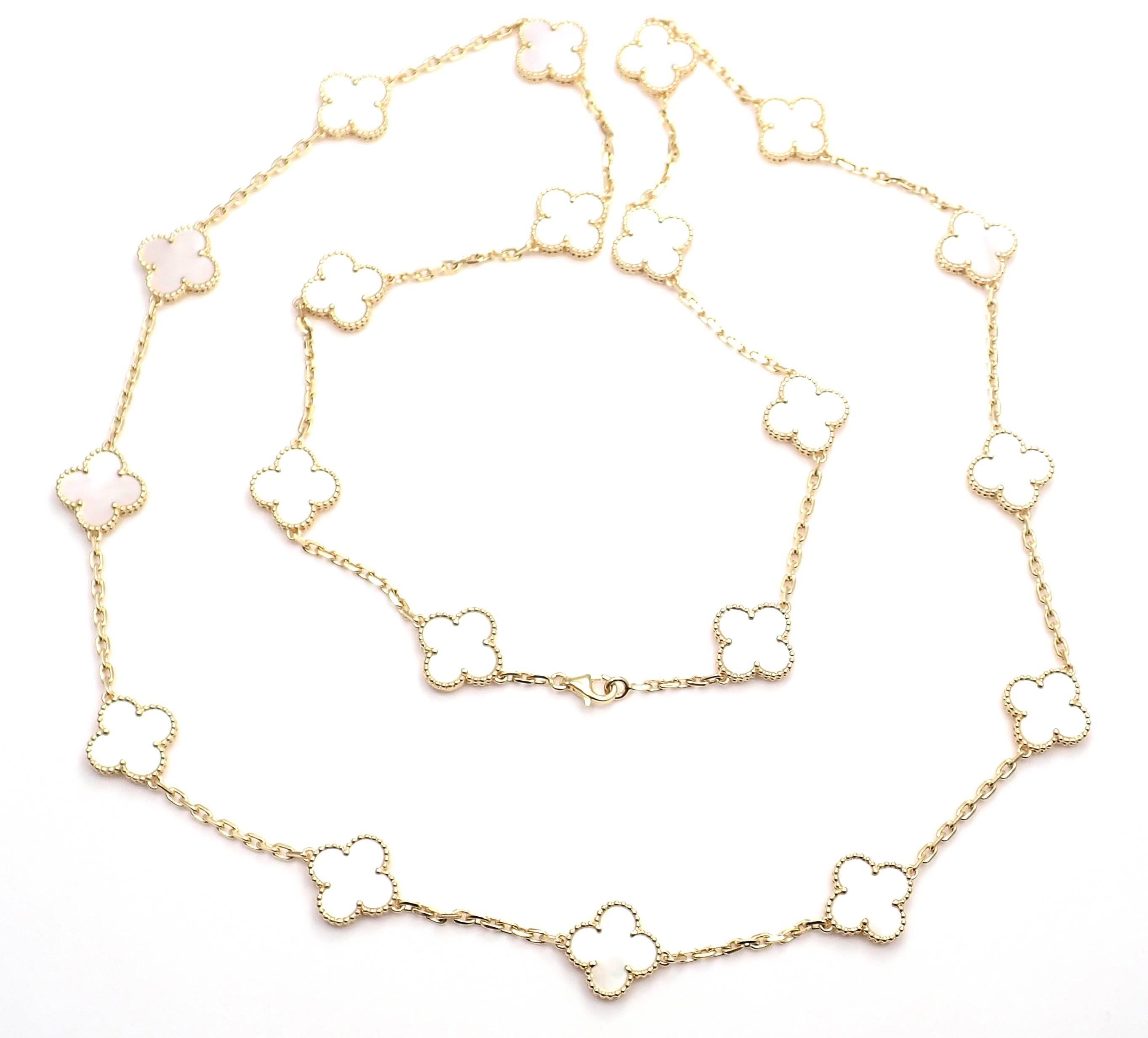 18k Yellow Gold Alhambra 20 Motifs Mother Of Pearl Necklace by Van Cleef & Arpels. 
With 20 motifs of mother of pearl Alhambra stones 15mm each.
This necklace comes with Van Cleef & Arpels certificate.
Details: 
Length: 33.6'' 
Width: 15mm
Weight: