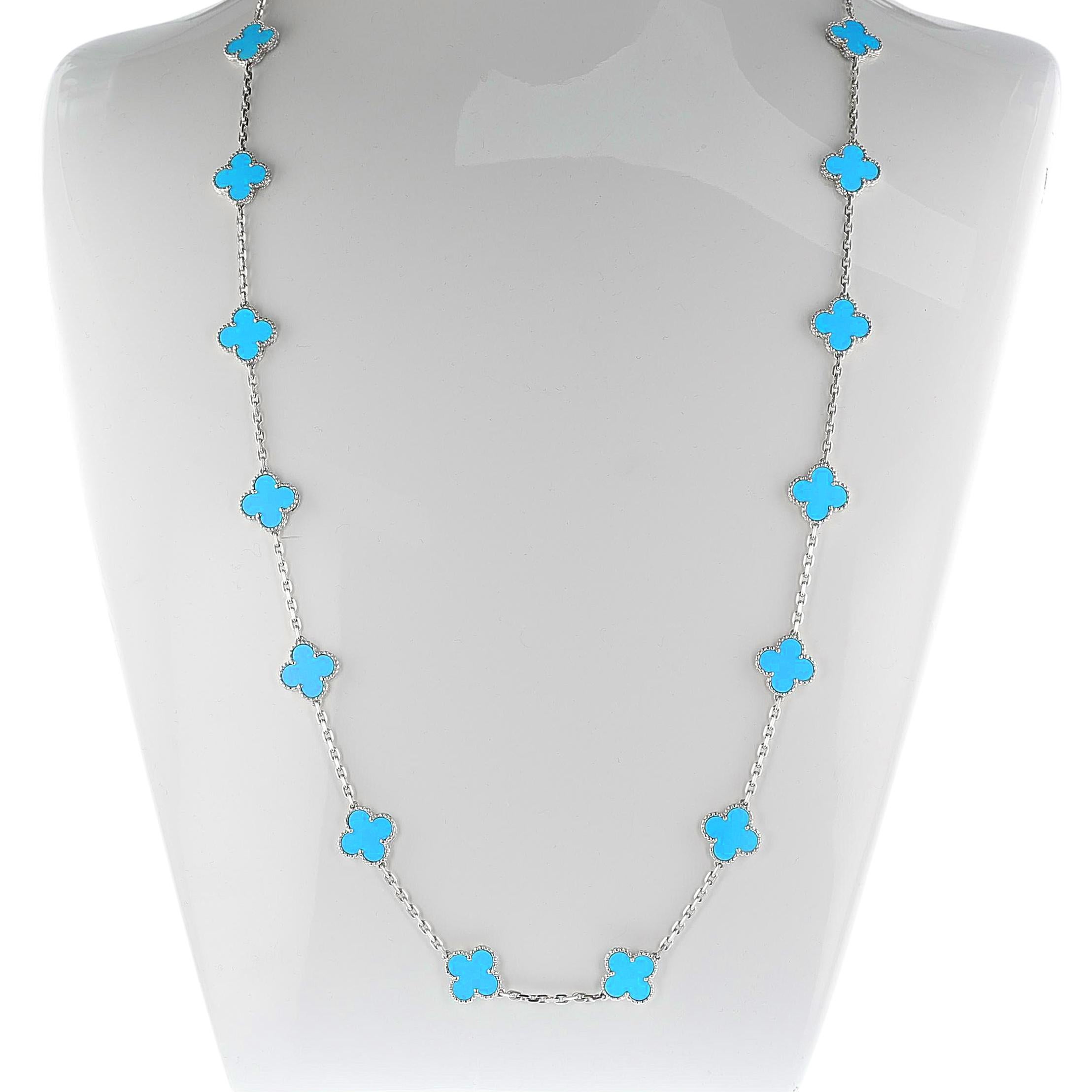 Van Cleef & Arpels 20 Motif Turquoise Alhambra, 2006 with Certificate of Authenticity. Signed and numbered. The total weight is 45.34 grams. The length is 32 inches.