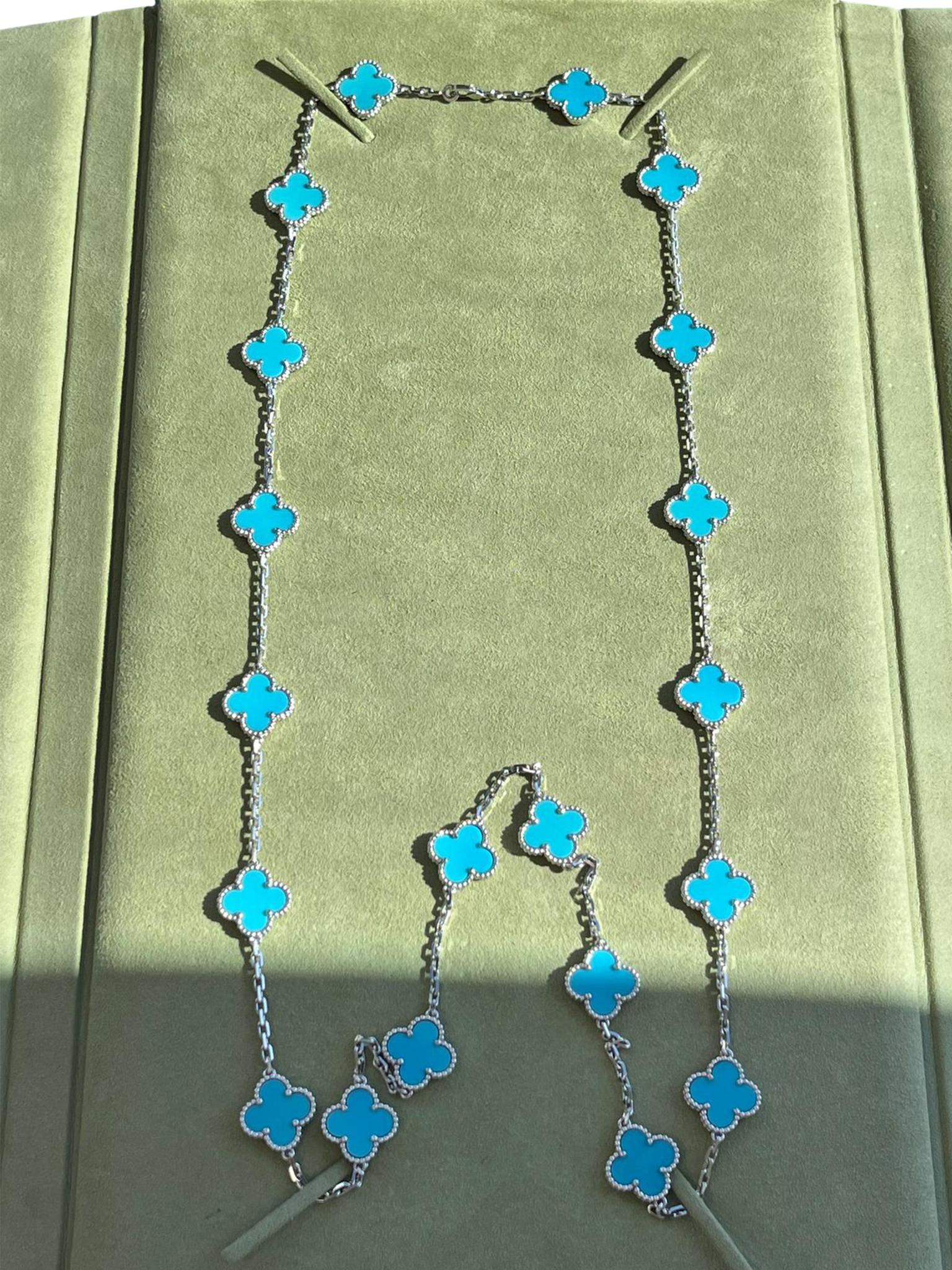 Van Cleef & Arpels 20 Motif Turquoise Vintage Alhambra Necklace 18k White Gold im Angebot 3