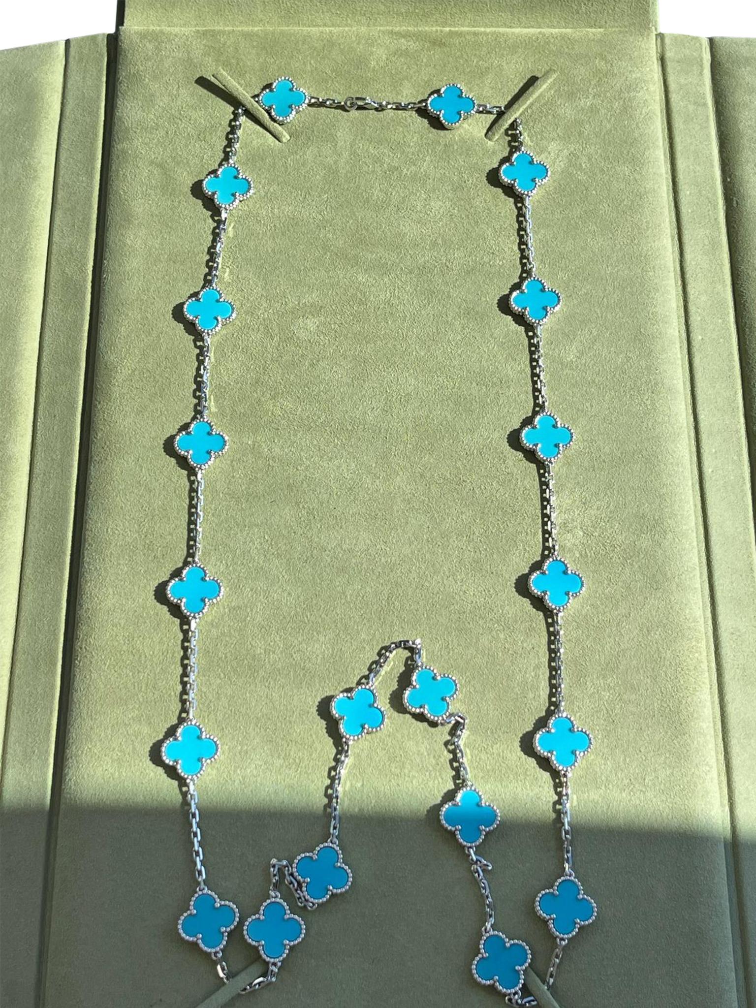 Van Cleef & Arpels 20 Motif Turquoise Vintage Alhambra Necklace 18k White Gold im Angebot 4