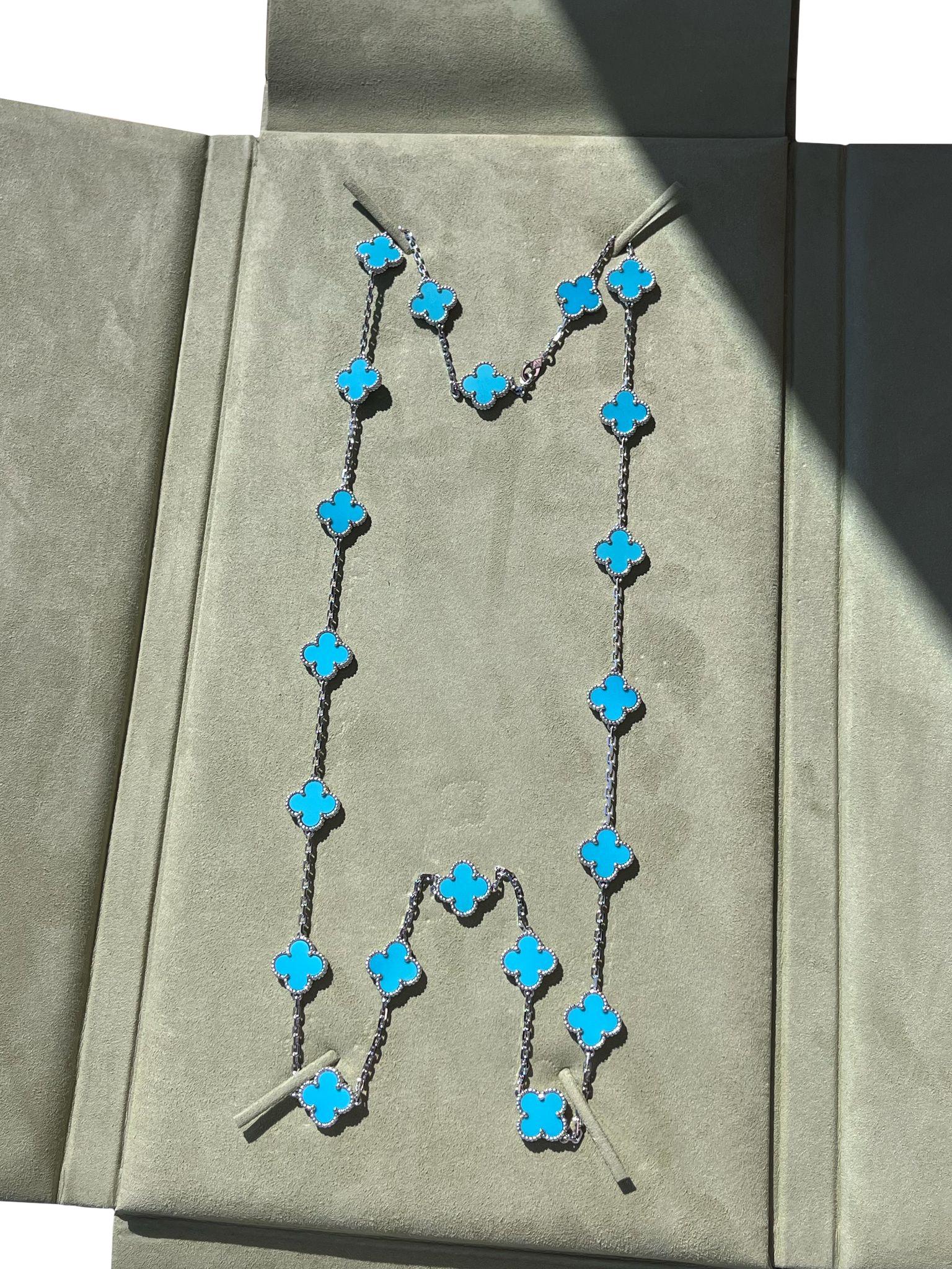 Van Cleef & Arpels 20 Motif Turquoise Vintage Alhambra Necklace 18k White Gold im Angebot 6