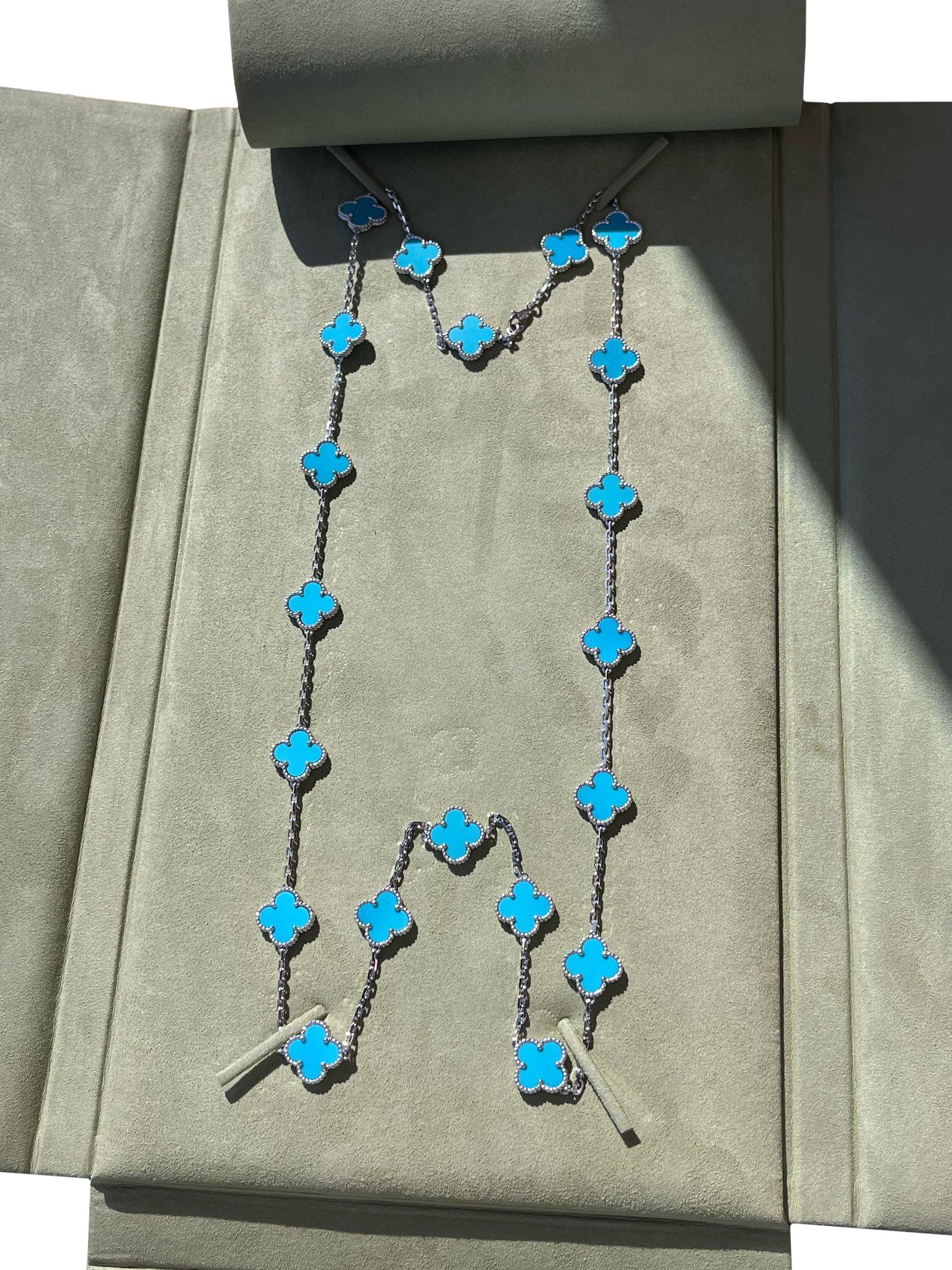 Van Cleef & Arpels 20 Motif Turquoise Vintage Alhambra Necklace 18k White Gold im Angebot 7