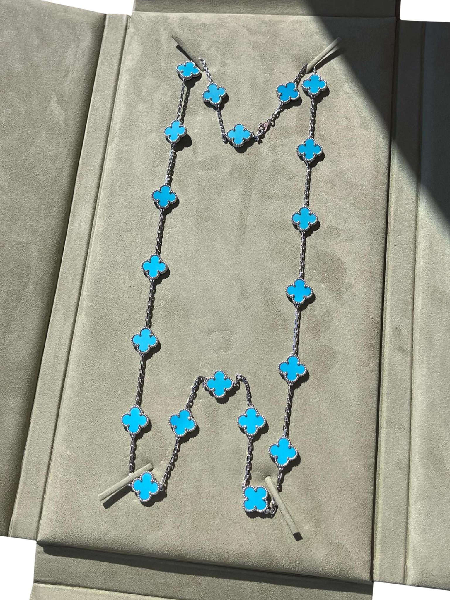 Van Cleef & Arpels 20 Motif Turquoise Vintage Alhambra Necklace 18k White Gold im Angebot 8