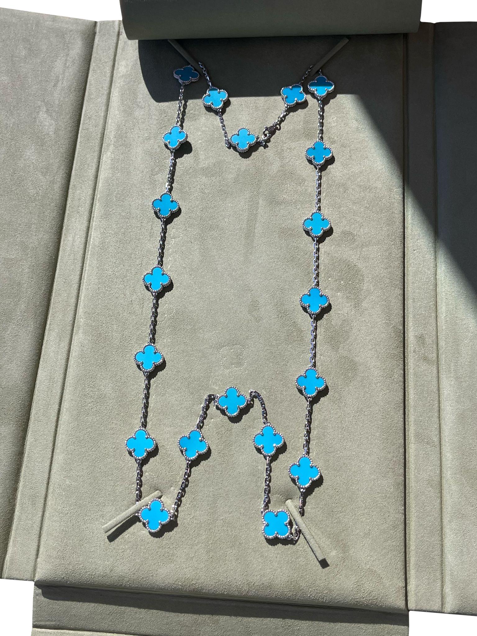 Van Cleef & Arpels 20 Motif Turquoise Vintage Alhambra Necklace 18k White Gold im Angebot 9