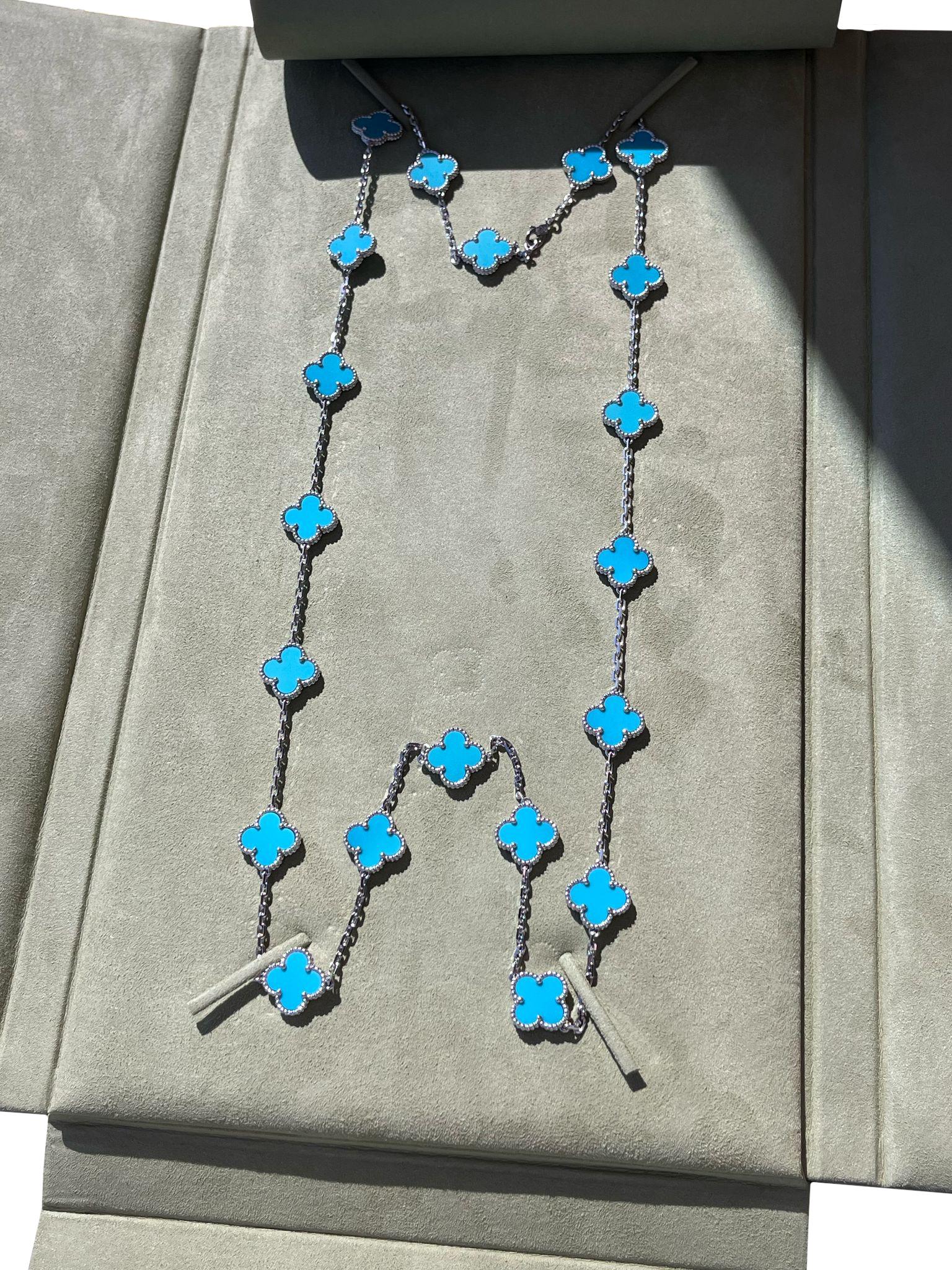 Van Cleef & Arpels 20 Motif Turquoise Vintage Alhambra Necklace 18k White Gold im Angebot 10