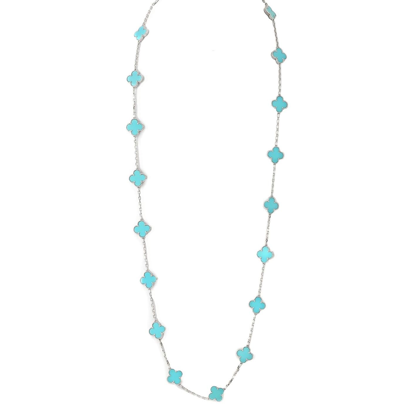 Van Cleef & Arpels 20 Motif Turquoise Vintage Alhambra Necklace 18k White Gold (Modernistisch) im Angebot