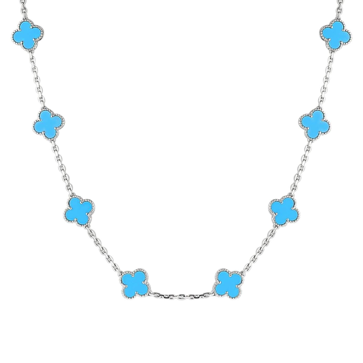 A rare and authentic Van Cleef & Arpels Turquoise 'Alhambra' Necklace creation crafted in 18K White Gold. This special necklace accompanies a Letter of Authenticity from Van Cleef & Arpels attributing to its genuineness and fine craftsmanship.