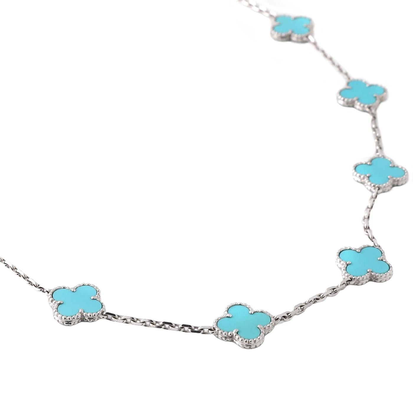 Van Cleef & Arpels 20 Motif Turquoise Vintage Alhambra Necklace 18k White Gold (Gemischter Schliff) im Angebot