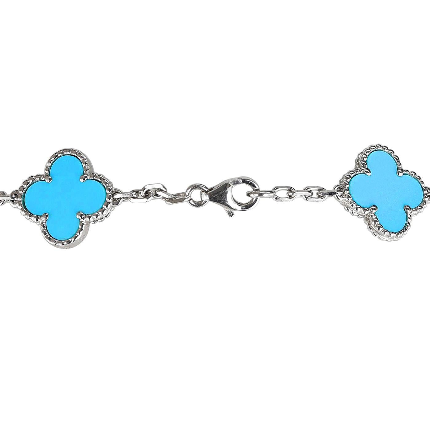 Van Cleef & Arpels 20 Motif Turquoise Vintage Alhambra Necklace 18k White Gold im Zustand „Gut“ im Angebot in Aventura, FL