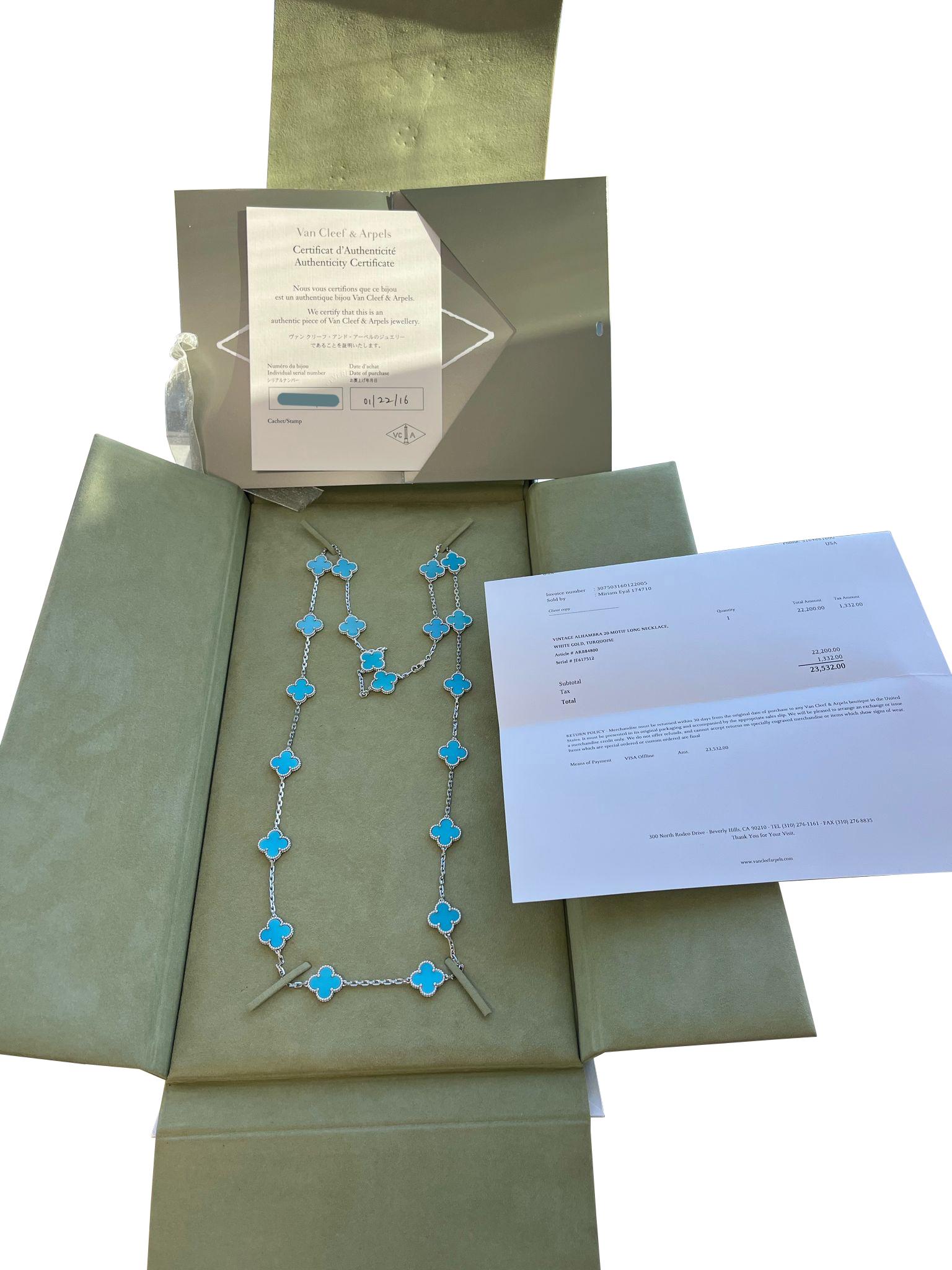 Van Cleef & Arpels 20 Motif Turquoise Vintage Alhambra Necklace 18k White Gold Damen im Angebot
