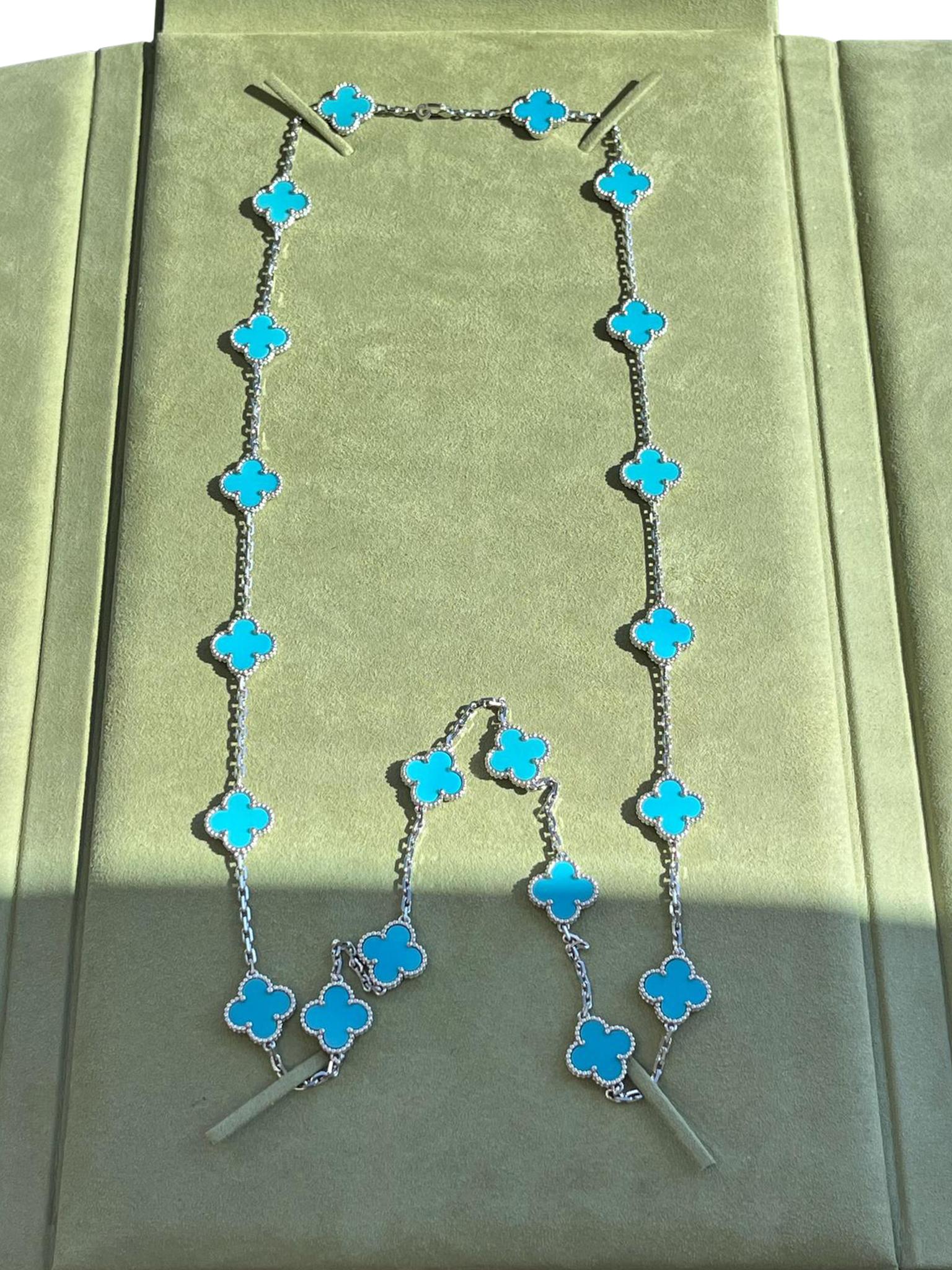 Van Cleef & Arpels 20 Motif Turquoise Vintage Alhambra Necklace 18k White Gold im Angebot 2