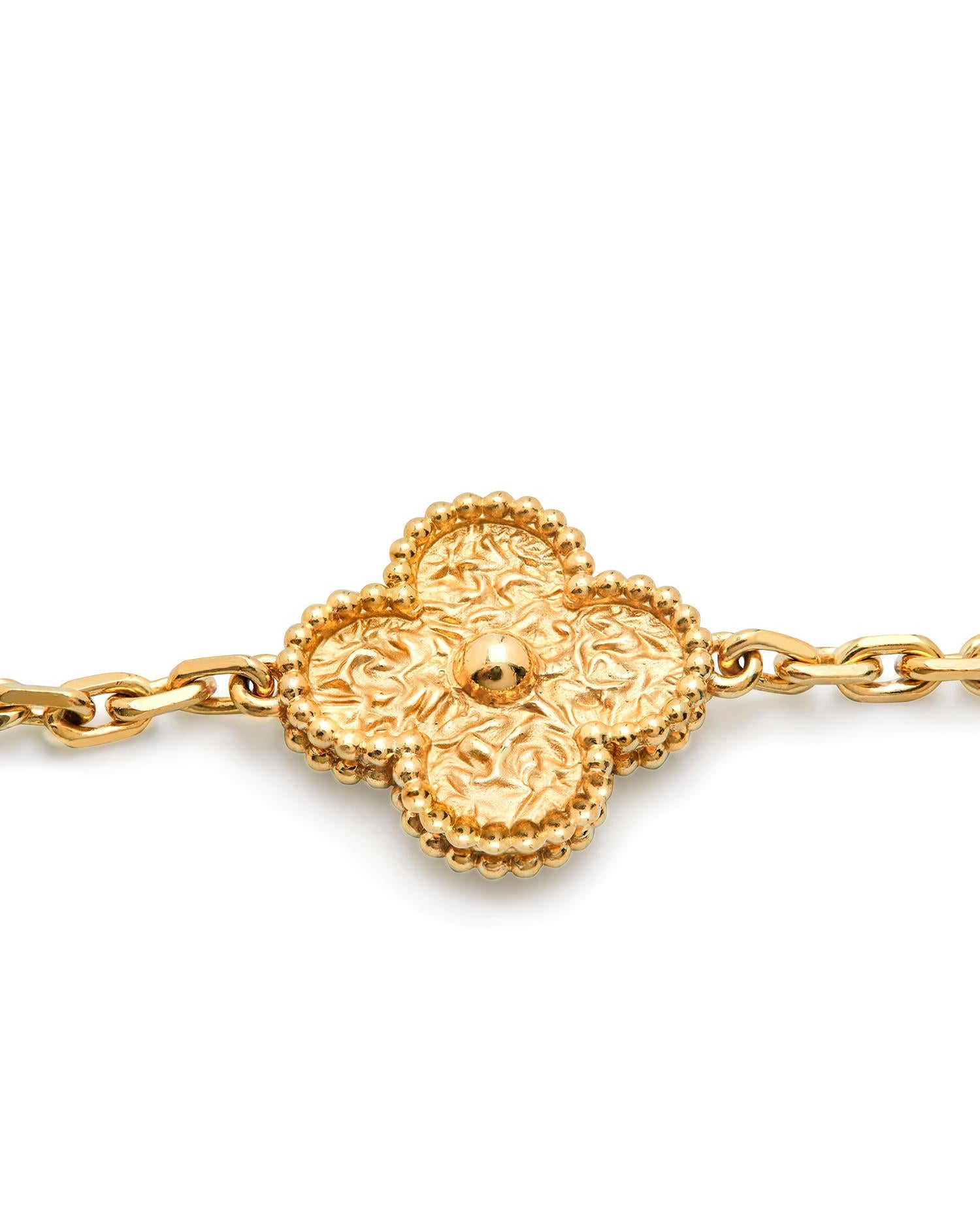 Van Cleef & Arpel's 20 Motif vintage Alhambra necklace.
Beautiful Van Cleef Necklace with 20 classic textured motifs, this can be styled as a long sautoir or double wrapped, to wear higher on the neck.

This signature emblem of luck, brings positive