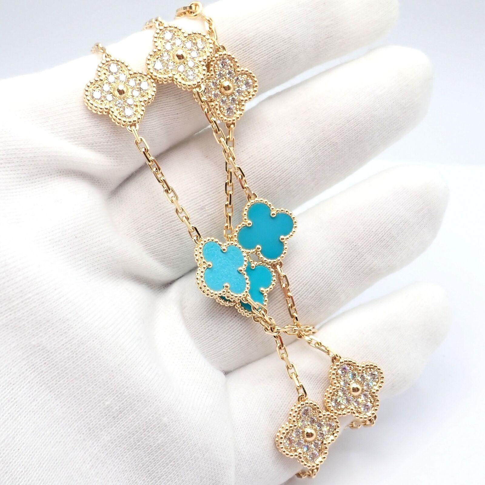 Van Cleef & Arpels 20 Motif Vintage Alhambra Diamond & Turquoise Gold Necklace For Sale 3