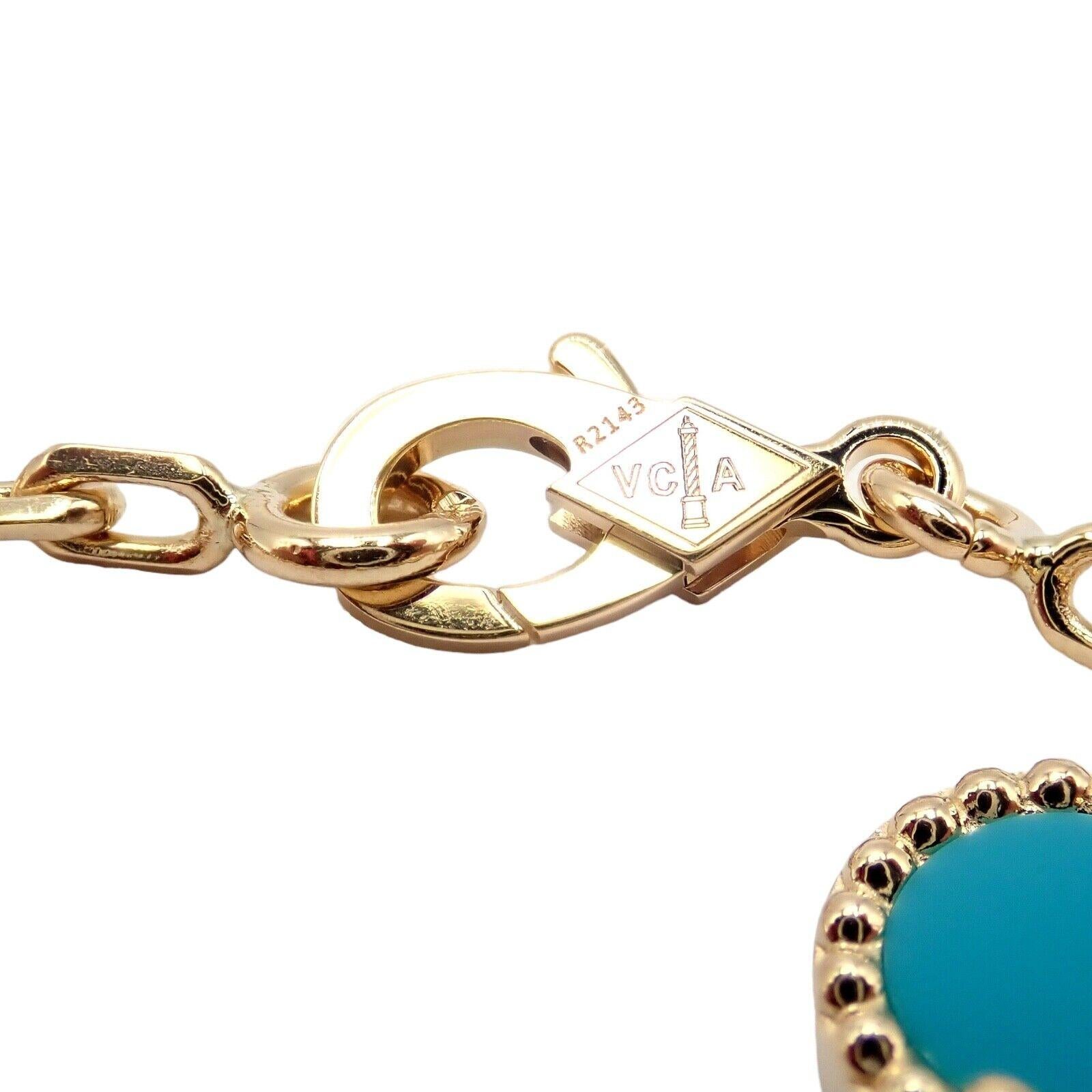 Van Cleef & Arpels 20 Motif Vintage Alhambra Diamond & Turquoise Gold Necklace For Sale 5