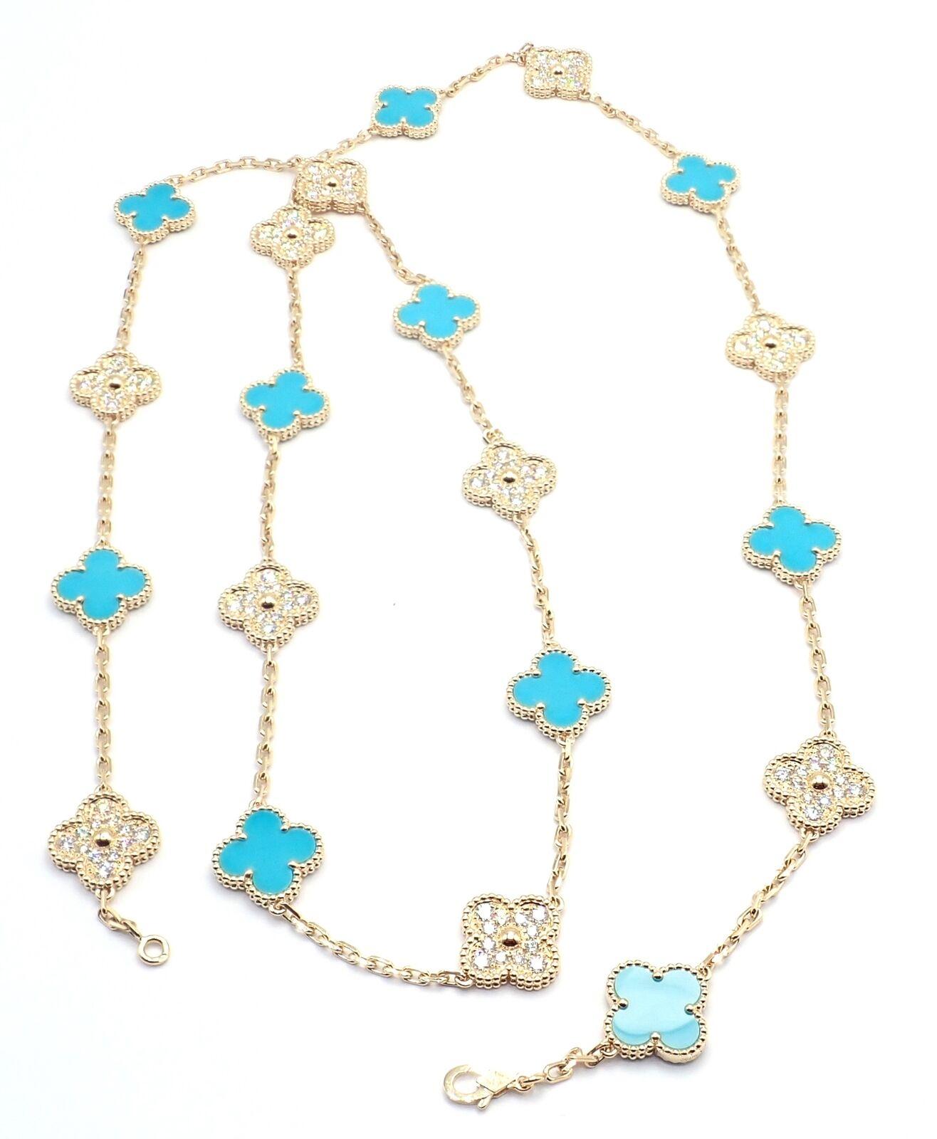 Van Cleef & Arpels 20 Motif Vintage Alhambra Diamond & Turquoise Gold Necklace For Sale 8
