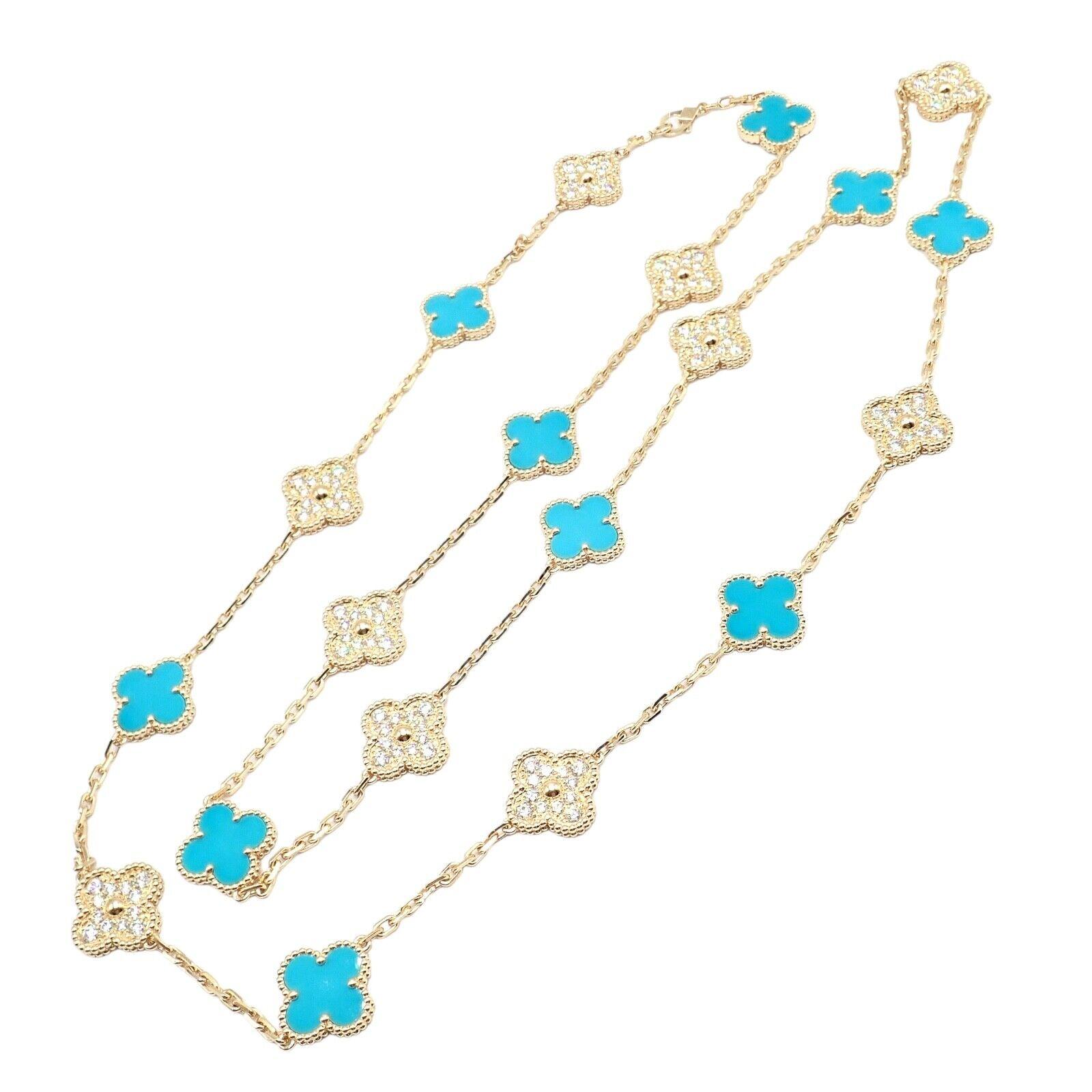 18k Yellow Gold Alhambra 20 Motifs Diamond And Turquoise Necklace by Van Cleef & Arpels. 
The Limited Edition Van Cleef & Arpels 18k Yellow Gold 20 Motif Alhambra Diamond Turquoise Necklace embodies timeless elegance. 
This luxurious piece features