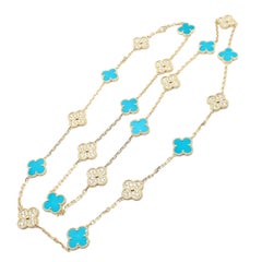 Van Cleef & Arpels 20 Motif Vintage Alhambra Diamond & Turquoise Gold Necklace