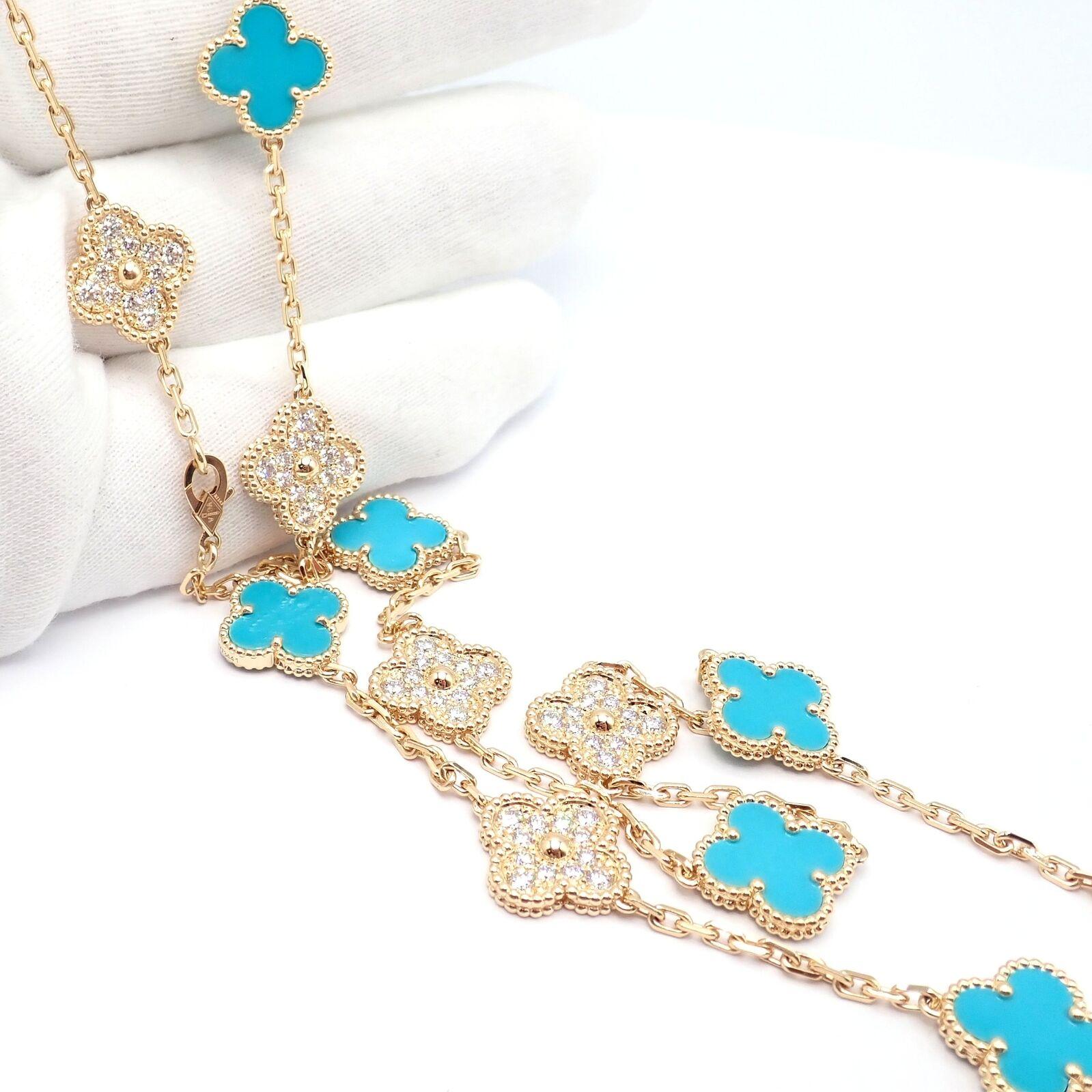 Brilliant Cut Van Cleef & Arpels 20 Motif Vintage Alhambra Diamond & Turquoise Gold Necklace For Sale