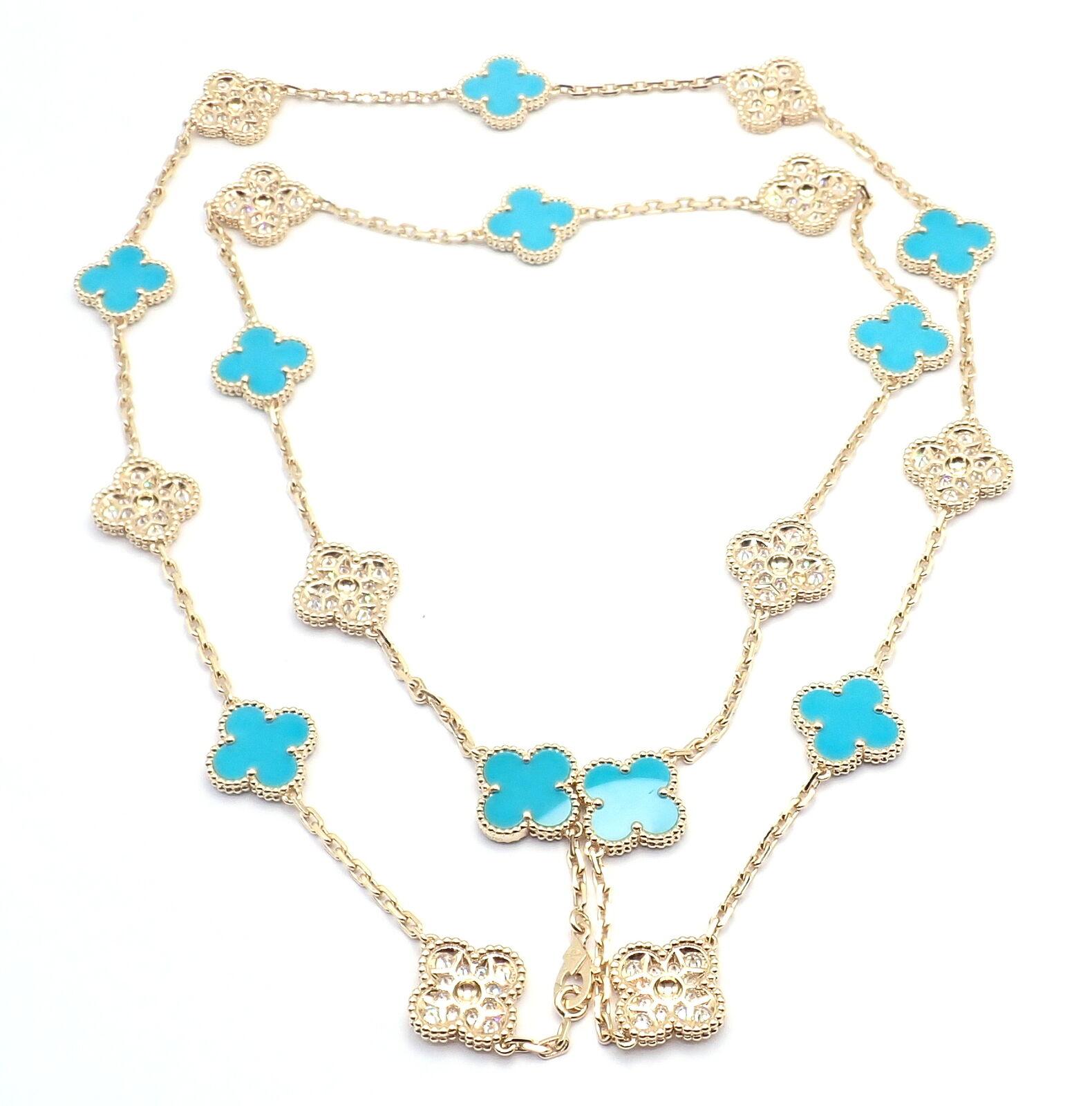 Van Cleef & Arpels 20 Motif Vintage Alhambra Diamond & Turquoise Gold Necklace For Sale 2