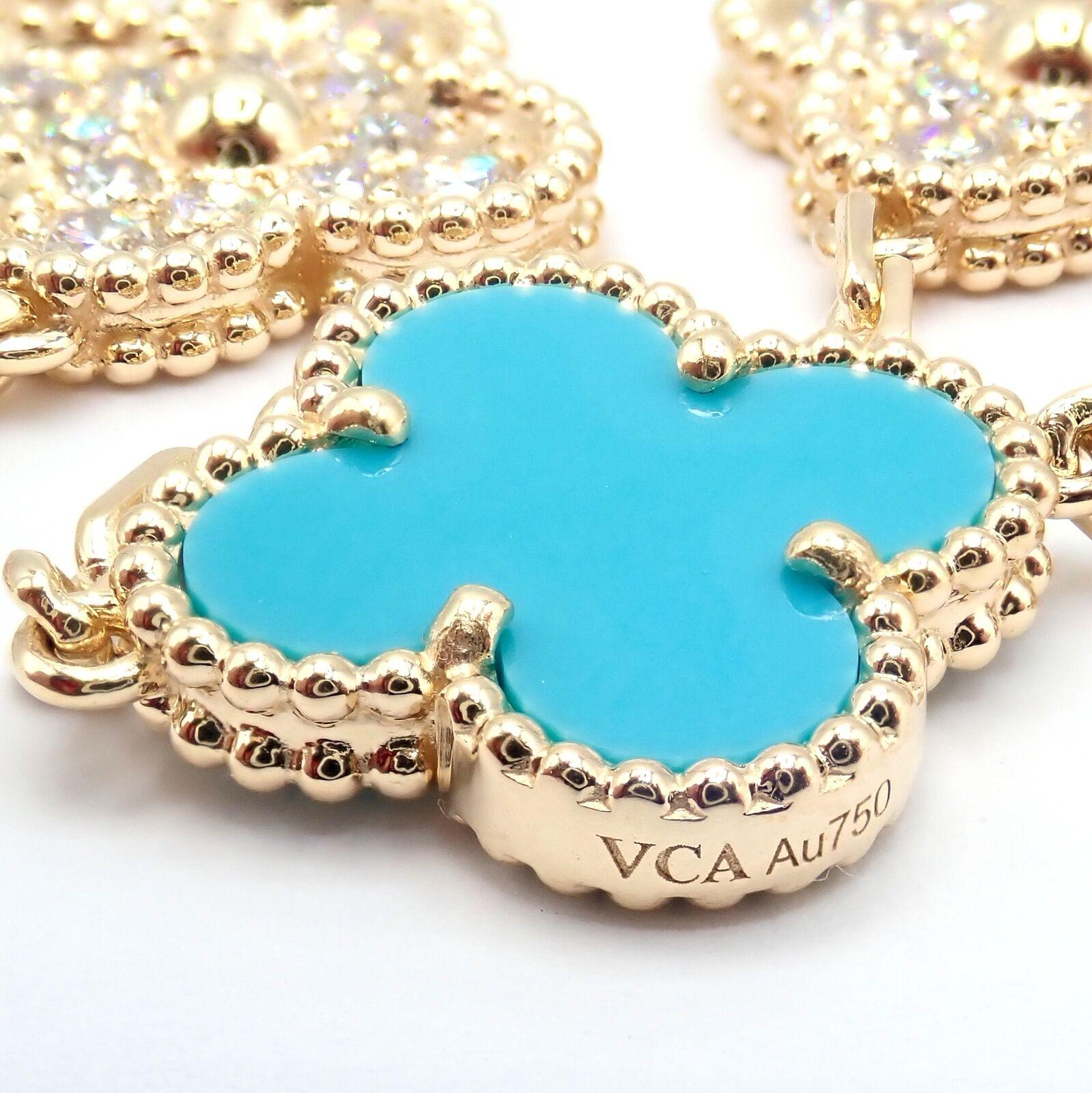 Van Cleef & Arpels 20 Motif Vintage Alhambra Diamond & Turquoise Gold Necklace For Sale 3