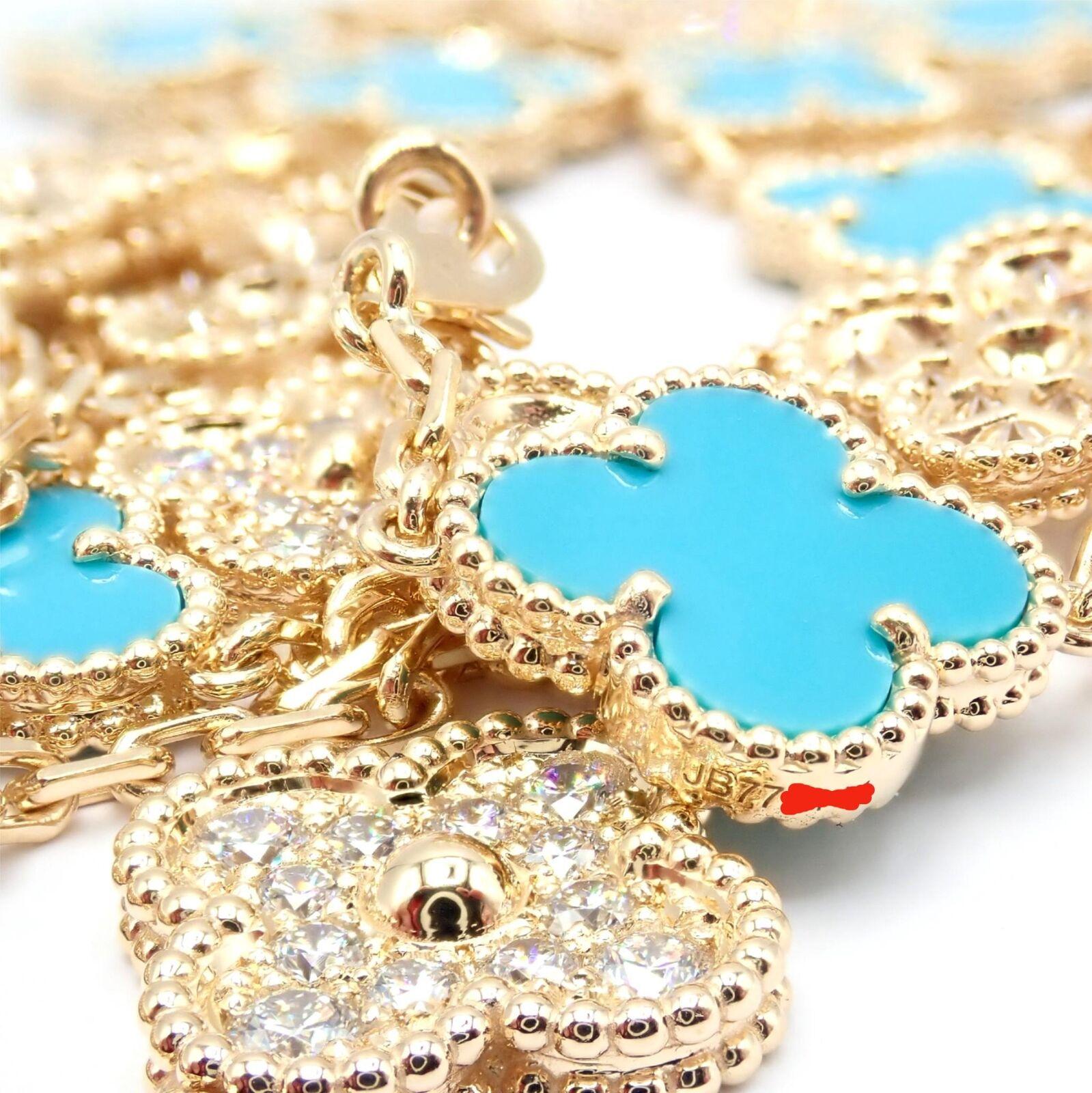 Van Cleef & Arpels 20 Motif Vintage Alhambra Diamond & Turquoise Gold Necklace For Sale 4