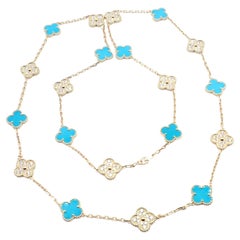 Van Cleef & Arpels 20 Motif Used Alhambra Diamond & Turquoise Gold Necklace