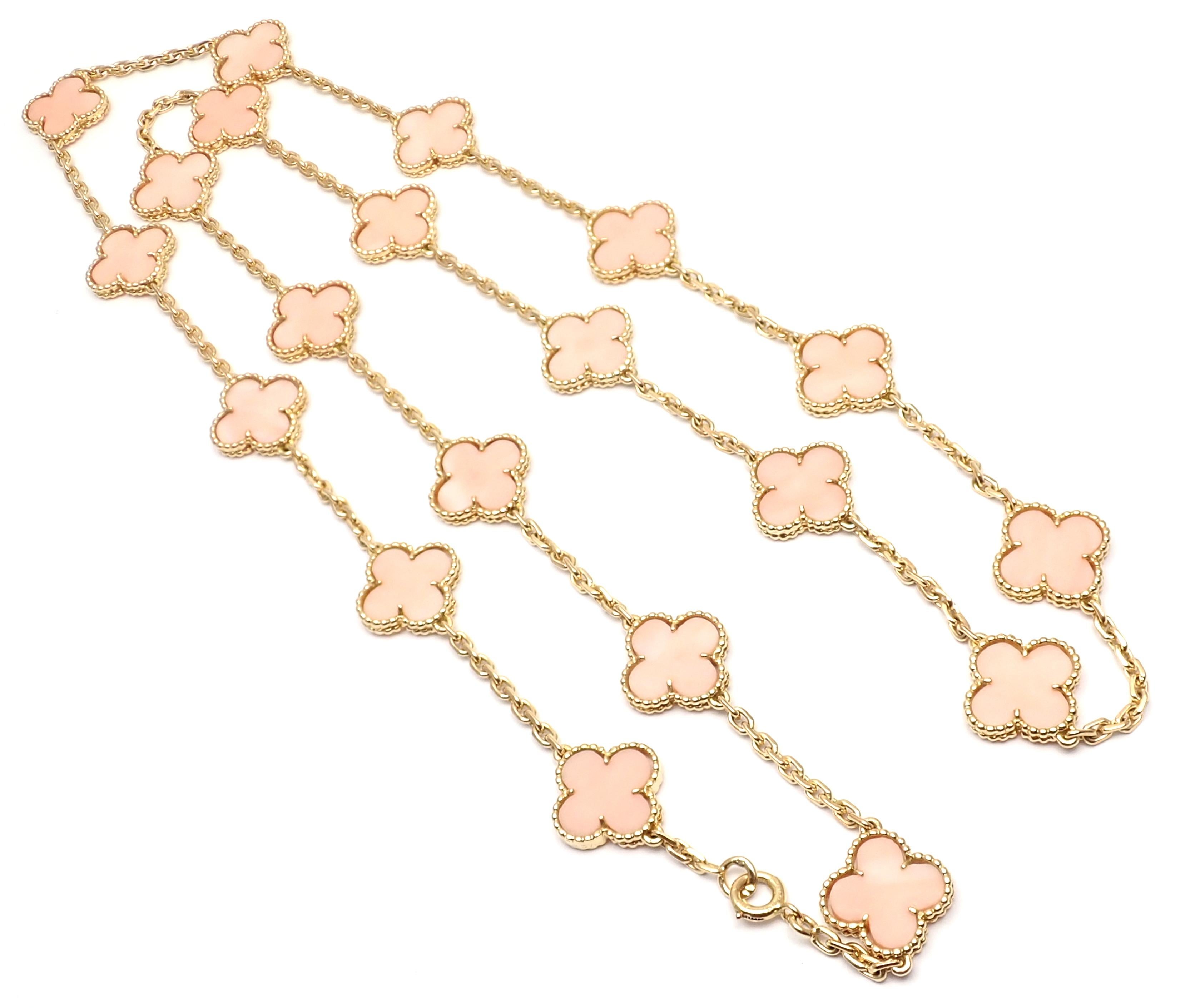 18k Yellow Gold Alhambra 20 Motifs Angel Skin Coral Necklace by Van Cleef & Arpels. 
With 20 motifs of coral alhambra stones 15mm each
This necklace comes with a Van Cleef & Arpels service paper and a box.
Details: 
Length: 32.5