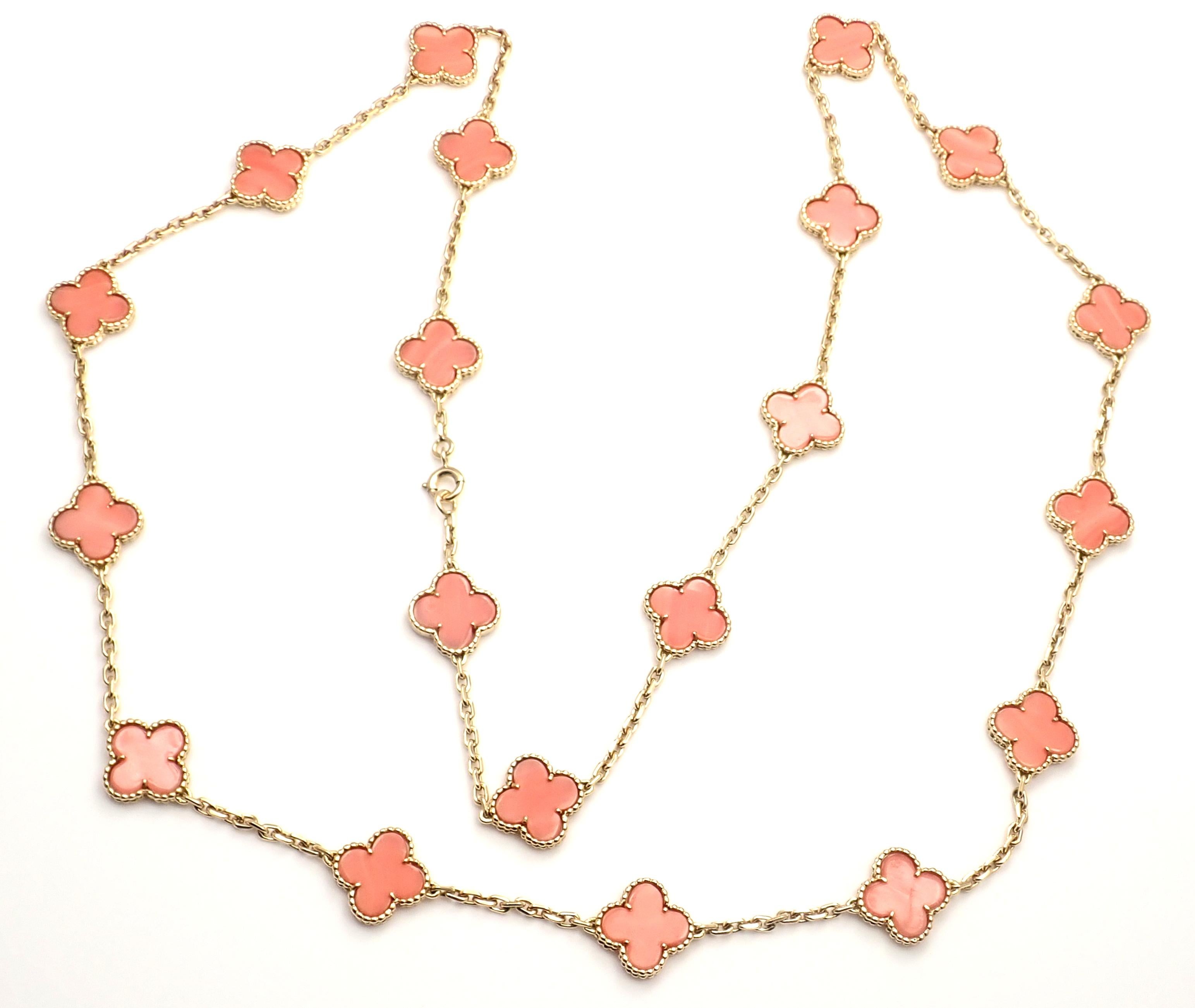 18k Yellow Gold Alhambra 20 Motifs Coral Necklace by Van Cleef & Arpels. 
With 20 motifs of coral alhambra stones 15mm each
This necklace comes with a Van Cleef & Arpels service paper and a box.
*** This is an extremely rare, early, highly