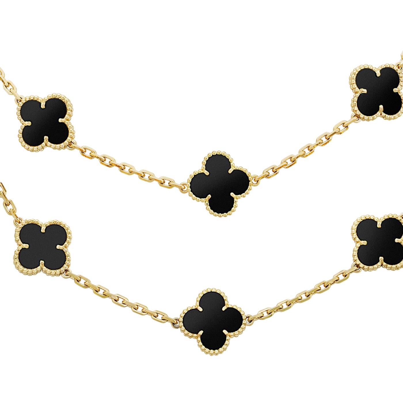 Modernist Van Cleef & Arpels Onyx Motifs 18k Yellow Gold Vintage Alhambra Long Necklace