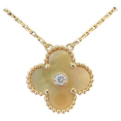 Van Cleef Arpels 2018 Diamond Holiday Pendant Vintage Alhambra Gold MOP, YG