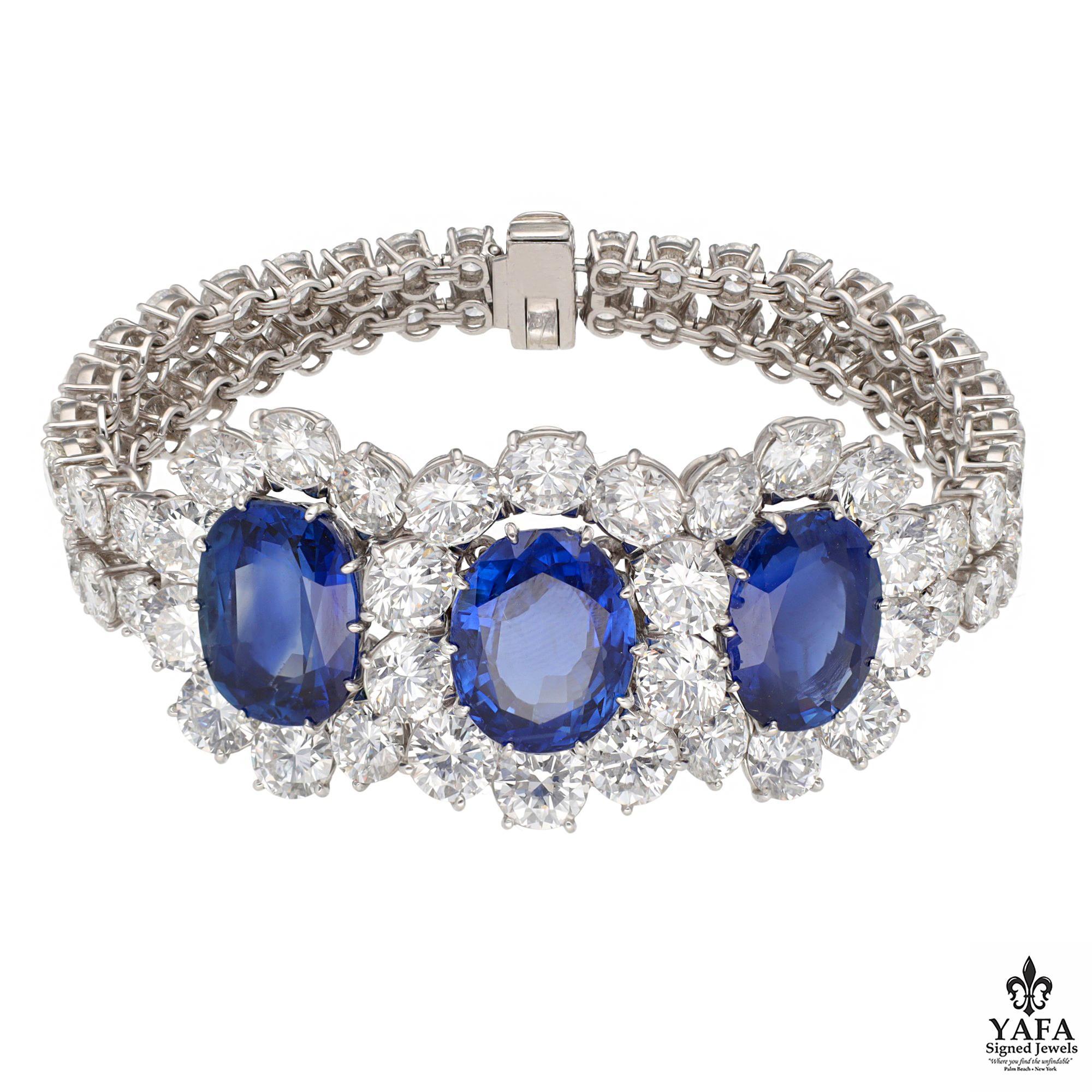 Van Cleef & Arpels Platinum and 18K White Gold No Heart Sapphire and Diamond Bracelet. 3-Oval Shaped Sapphires.

Total Sapphire weight: 35.55 CTS
10.65 CTS-Ceylon no heat
11.54 CTS
13.33 CTS-Burma no heat
SSEF Guebelin Certificate
Approximate Length