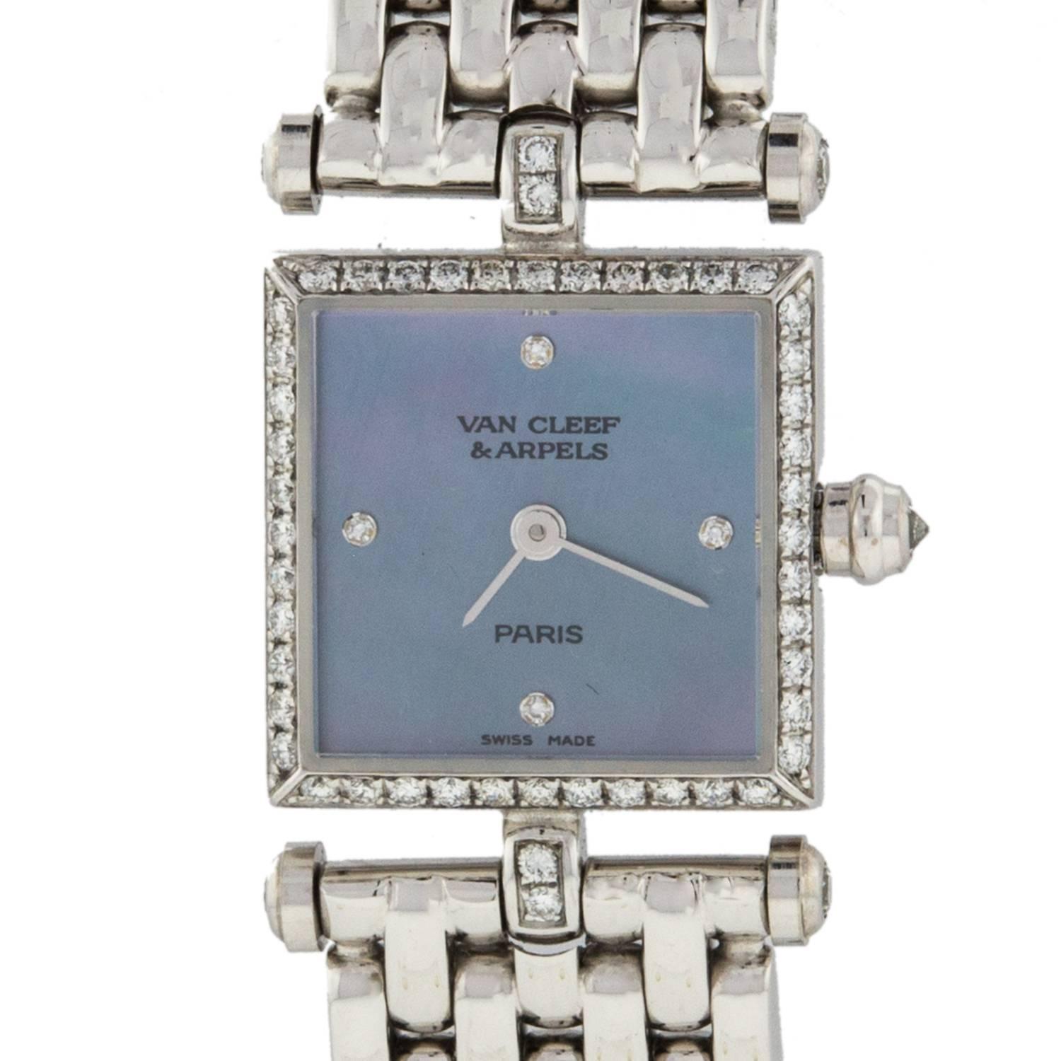 This pre-owned Van Cleef & Arpels  322942 is a beautiful Womens timepiece that is powered by a quartz movement which is cased in a white gold case. It has a square shape face,  dial and has hand diamonds style markers. It is completed with a white